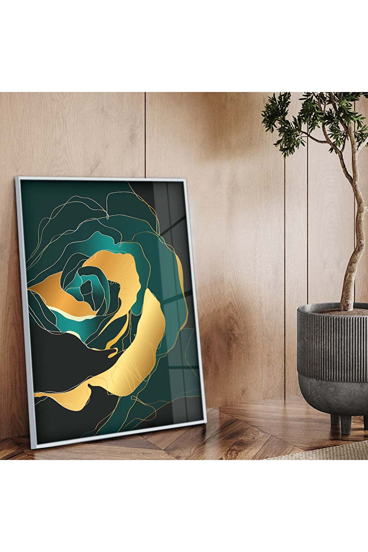 Gümüş Metal Çerçeveli Kolaj Çizim Çiçek Kırılmaz Cam Tablo