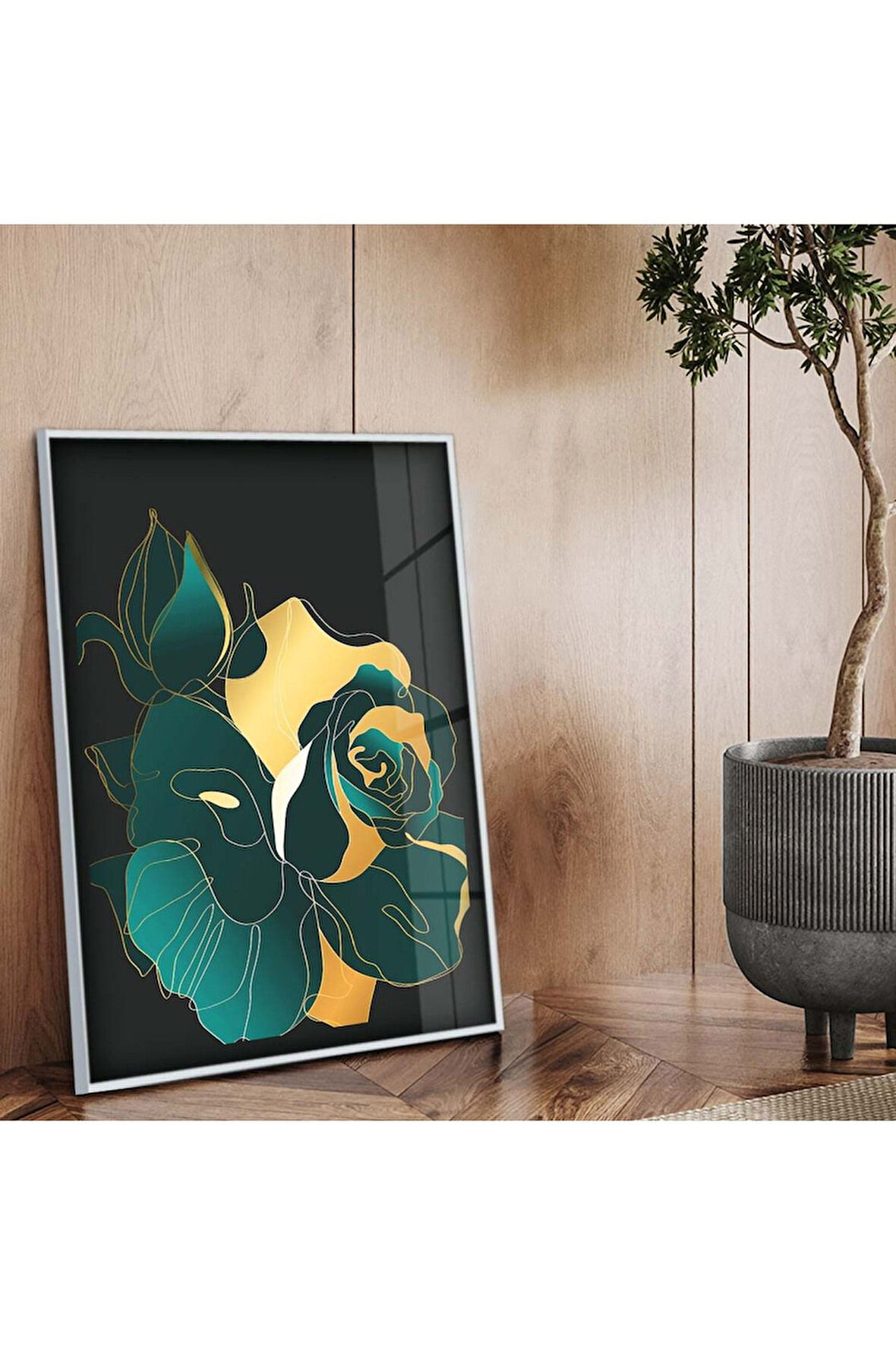 Gümüş Metal Çerçeveli Kolaj Çizim Çiçek Kırılmaz Cam Tablo