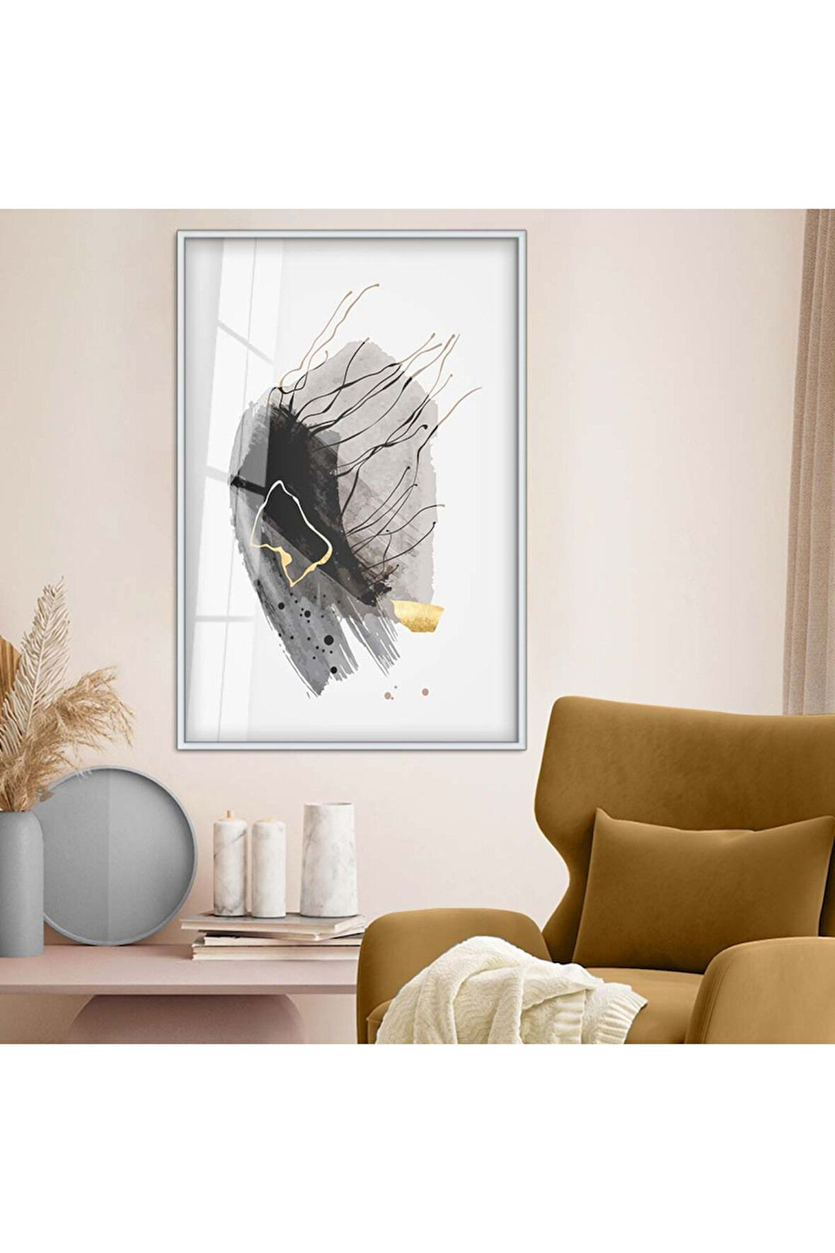 Siyah Metal Çerçeveli Soyut Tema Modern Çizim Kırılmaz Cam Tablo