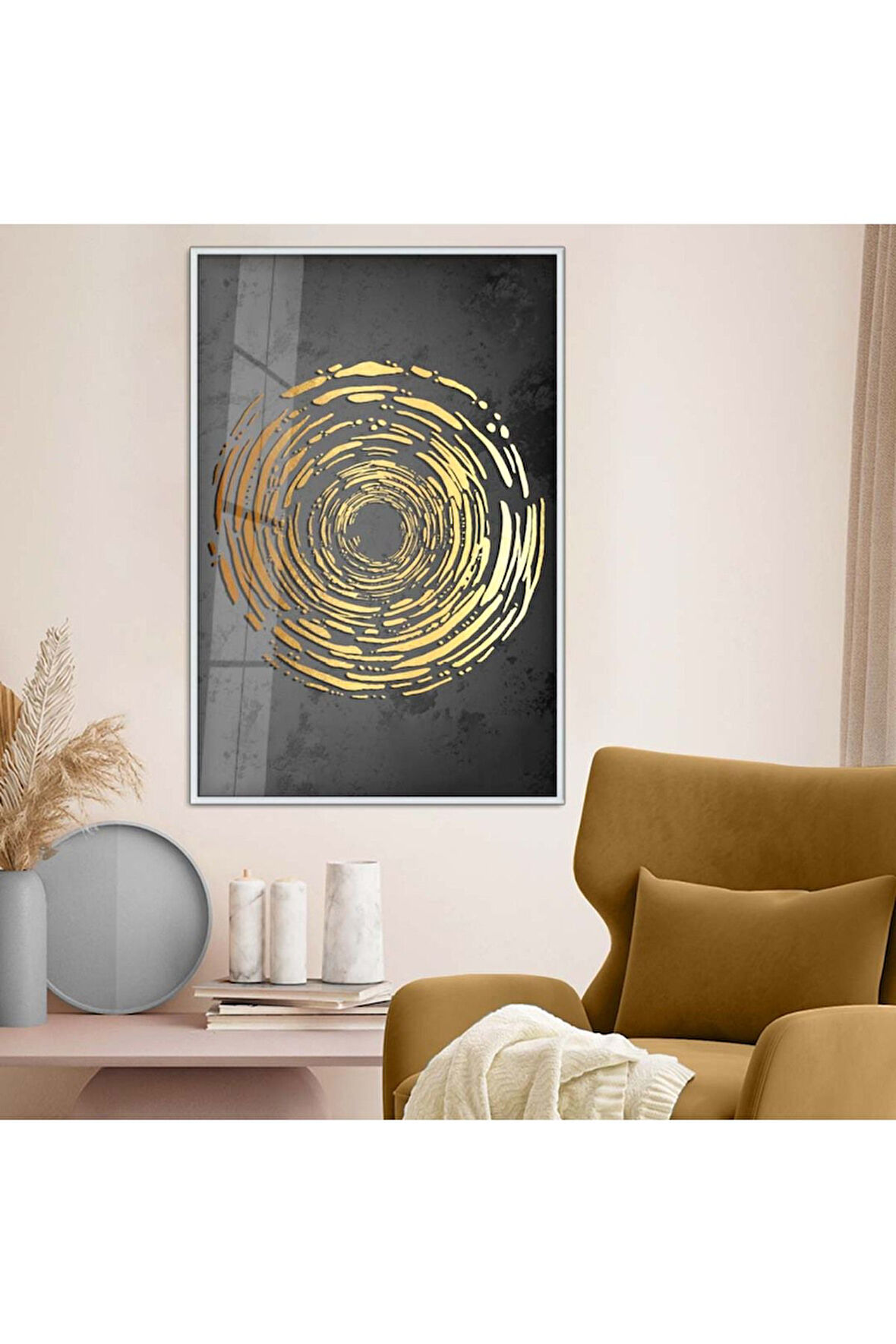 Siyah Metal Çerçeveli Gold Tema Kolaj Çizim Kırılmaz Cam Tablo