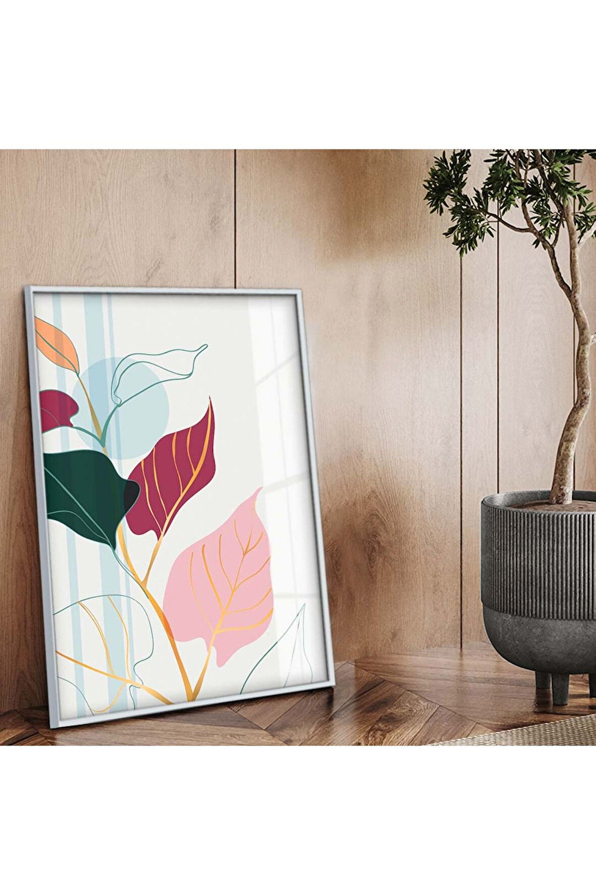 Gümüş Metal Çerçeveli Kolaj Çizim Yaprak Tema Kırılmaz Cam Tablo