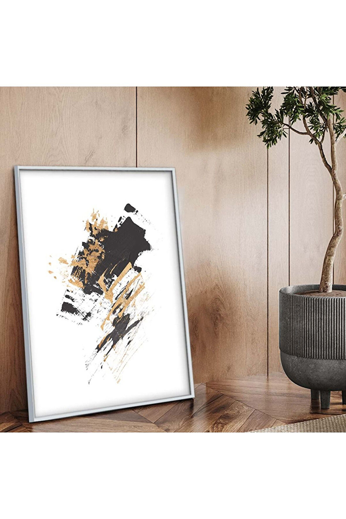 Gümüş Metal Çerçeveli Kolaj Çizim Soyut Tema Kırılmaz Cam Tablo