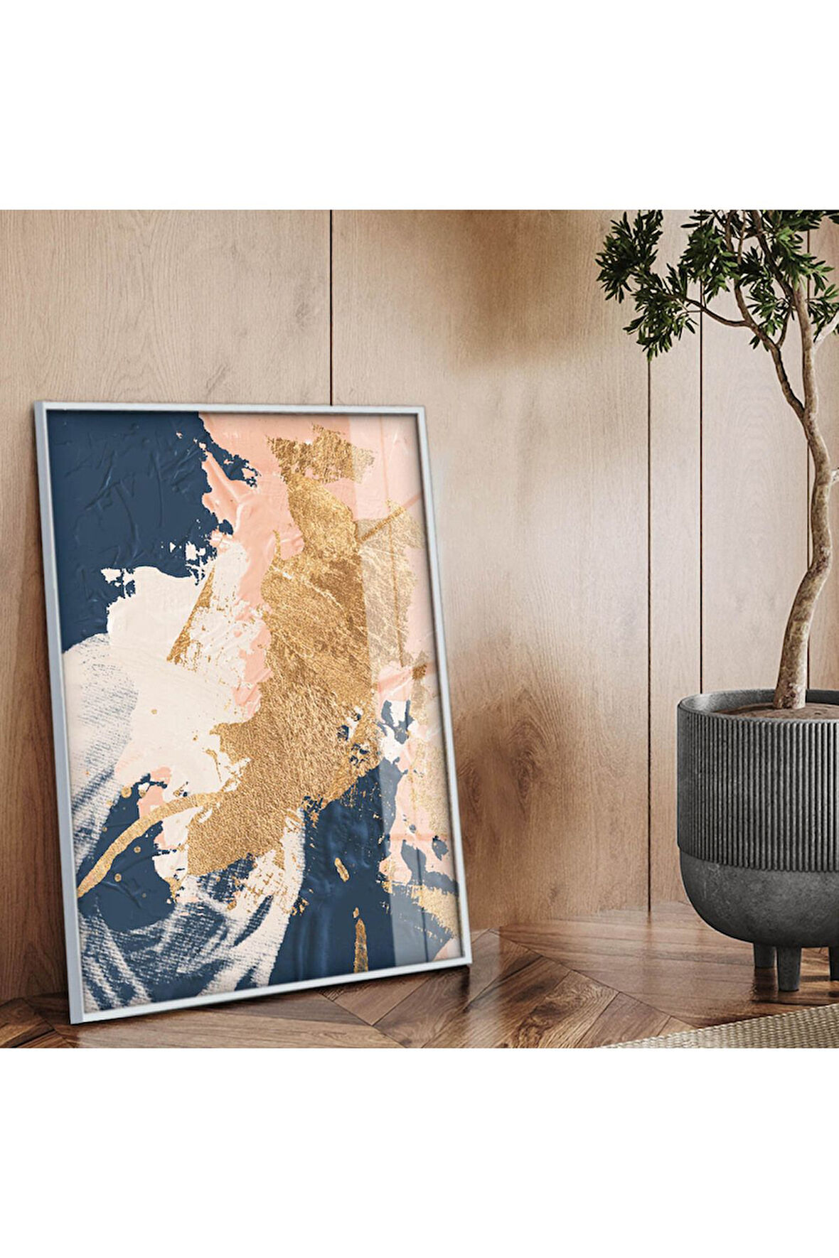 Gümüş Metal Çerçeveli Soyut Tema Modern Çizim Kırılmaz Cam Tablo