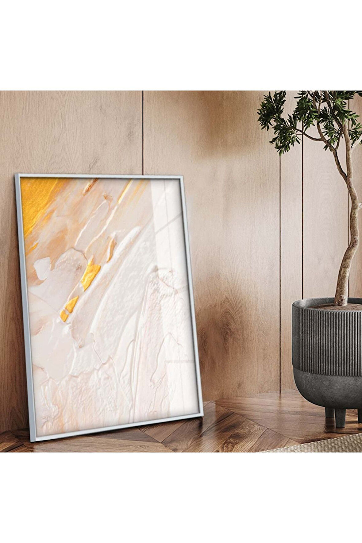 Gümüş Metal Çerçeveli Soyut Tema Modern Çizim Kırılmaz Cam Tablo