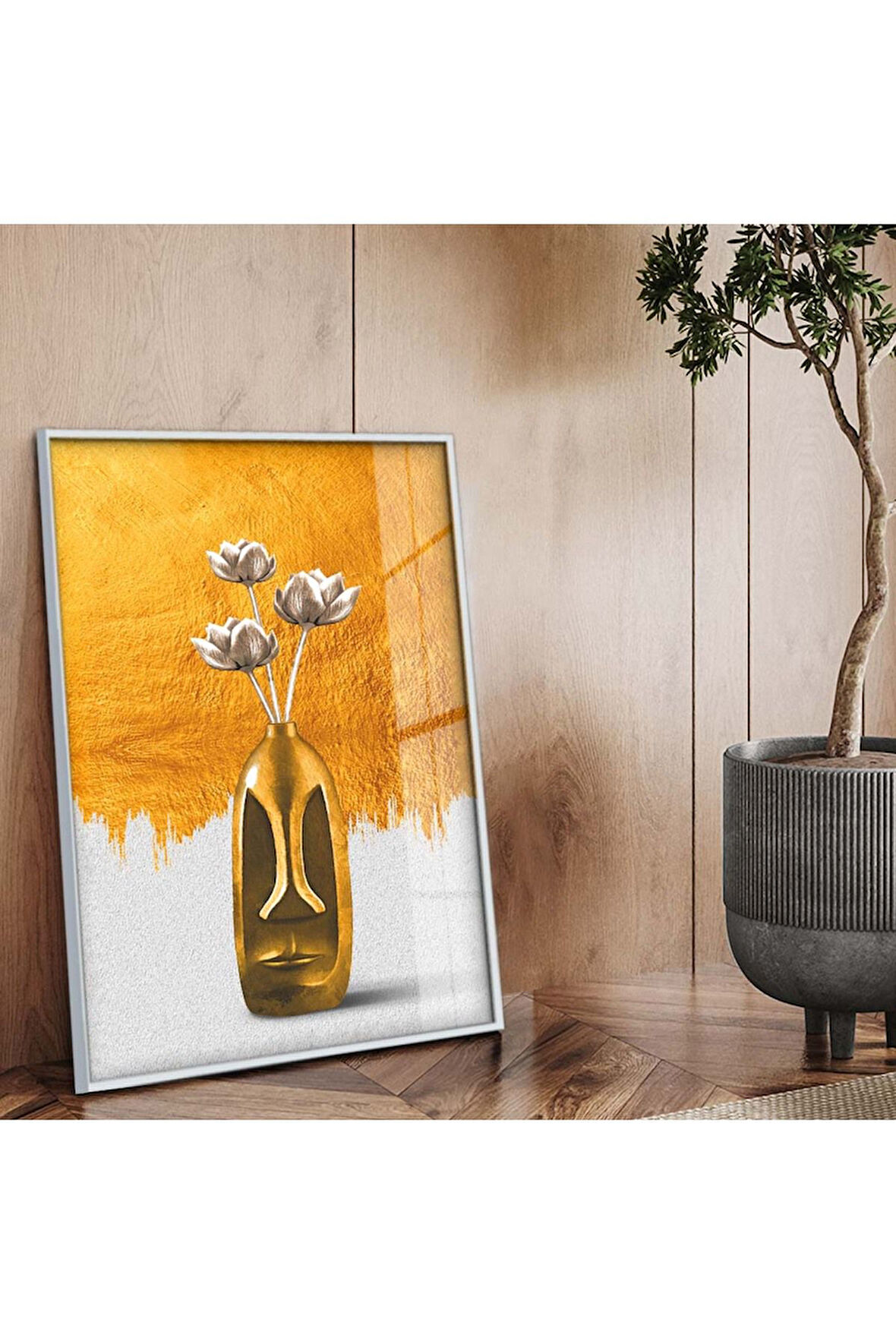 Gümüş Metal Çerçeveli Soyut Tema Modern Çizim Kırılmaz Cam Tablo