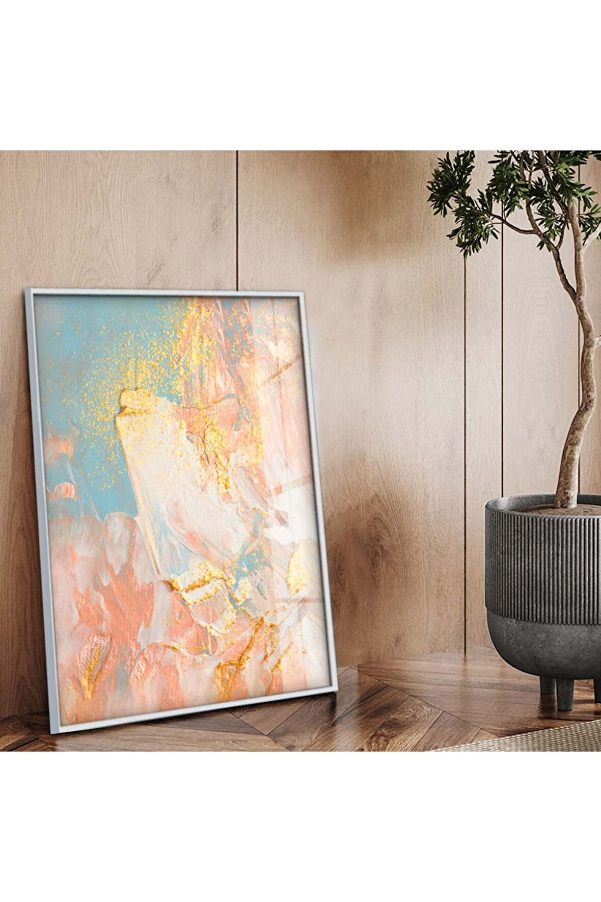 Gümüş Metal Çerçeveli Soyut Tema Renkli Desen Kırılmaz Cam Tablo