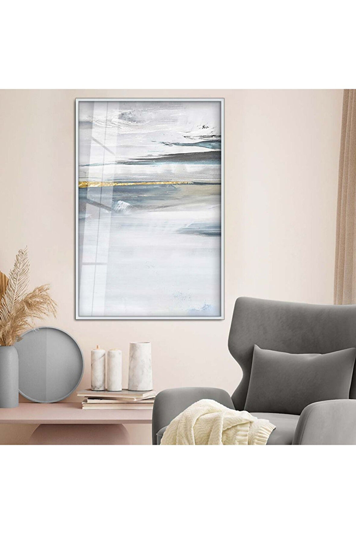 Gold Metal Çerçeveli Modern Çizim Soyut Tema Kırılmaz Cam Tablo