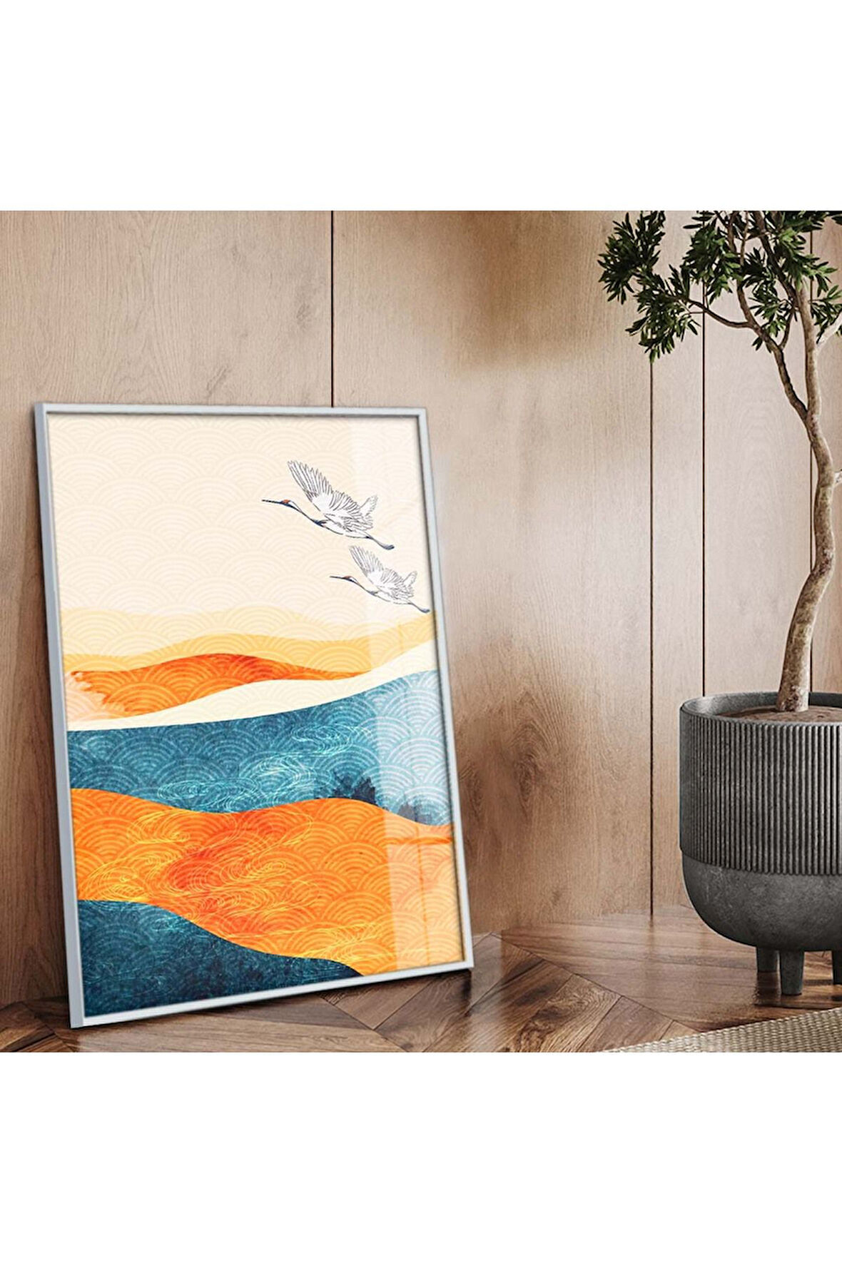 Gümüş Metal Çerçeveli Modern Çizim Kuş Figür Kırılmaz Cam Tablo