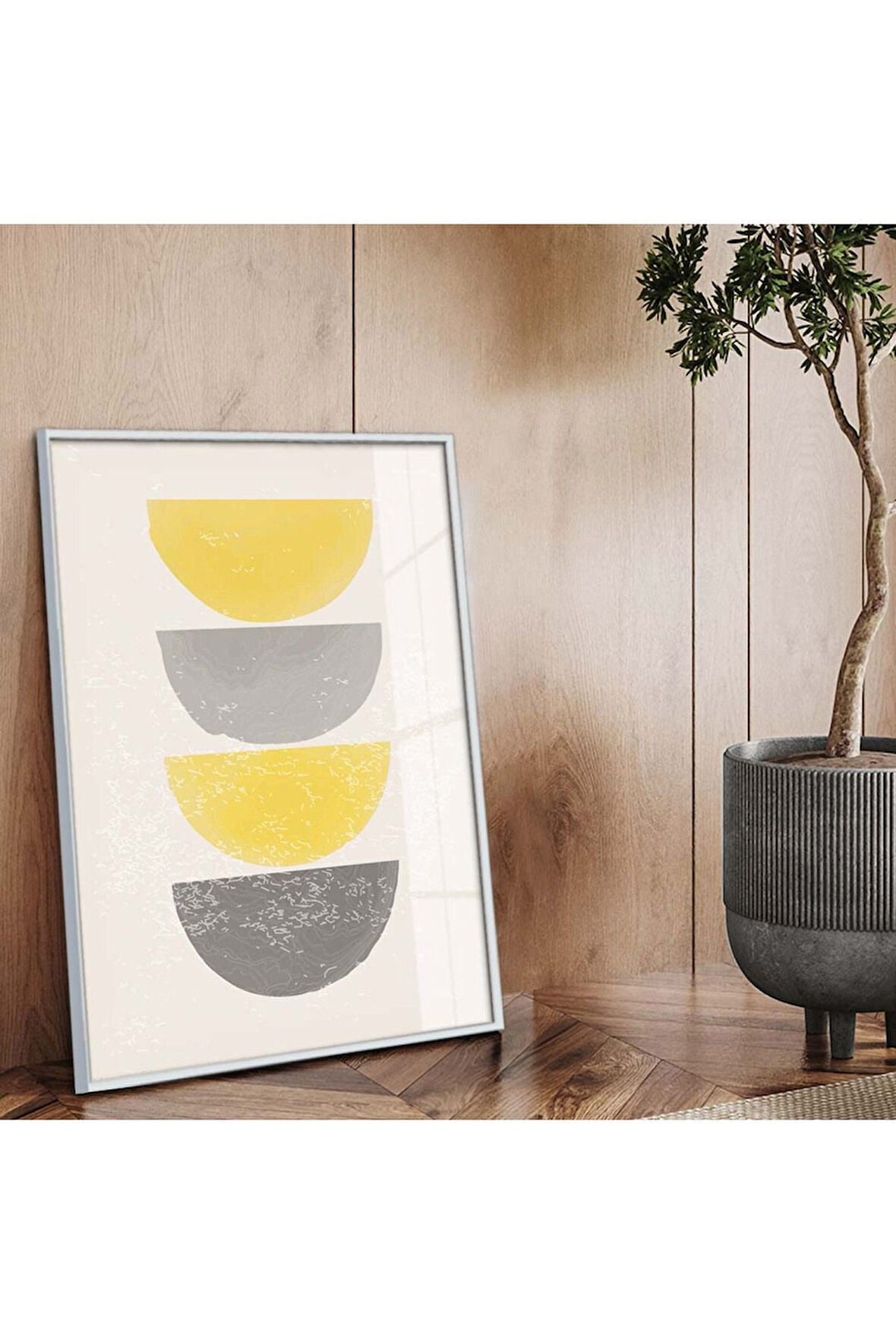 Gümüş Metal Çerçeveli Kolaj Çizim Soyut Tema Kırılmaz Cam Tablo