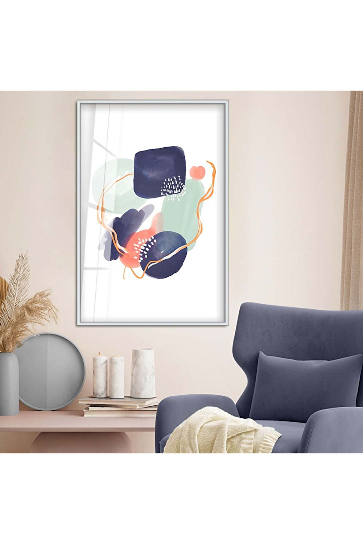 Gold Metal Çerçeveli Kolaj Çizim Soyut Tema Kırılmaz Cam Tablo