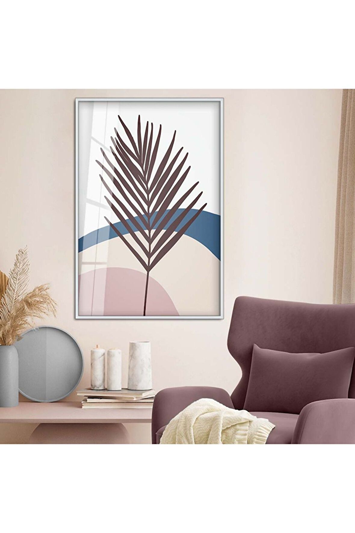 Gold Metal Çerçeveli Kolaj Çizim Yaprak Tema Kırılmaz Cam Tablo