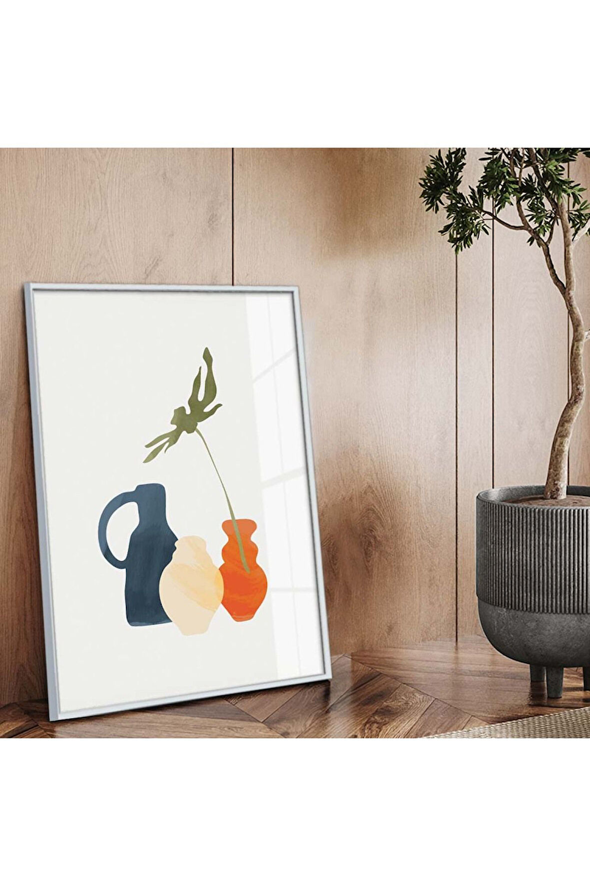 Gümüş Metal Çerçeveli Modern Çizim Vazo Tema Kırılmaz Cam Tablo