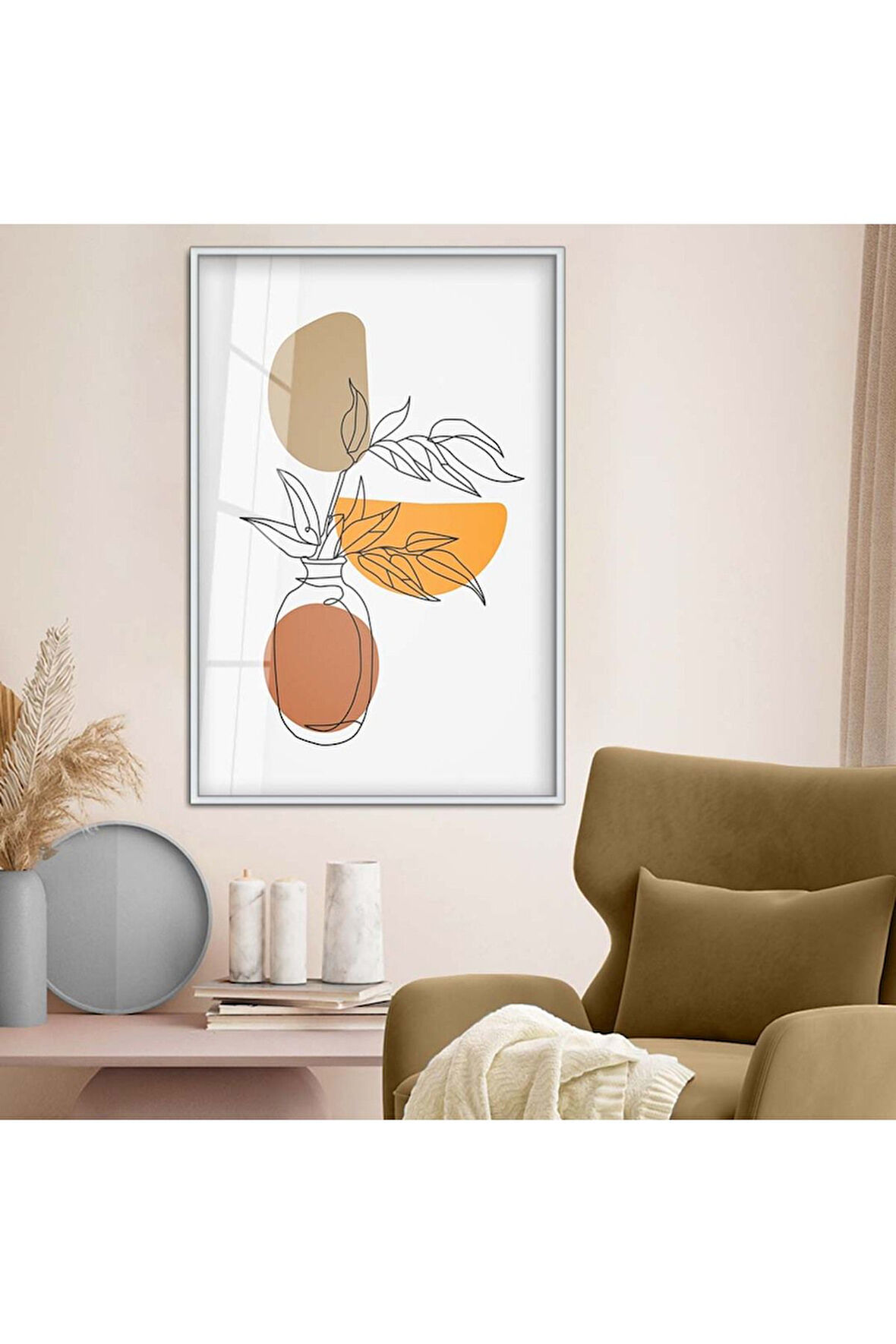 Gold Metal Çerçeveli Kolaj Çizim Soyut Tema Kırılmaz Cam Tablo