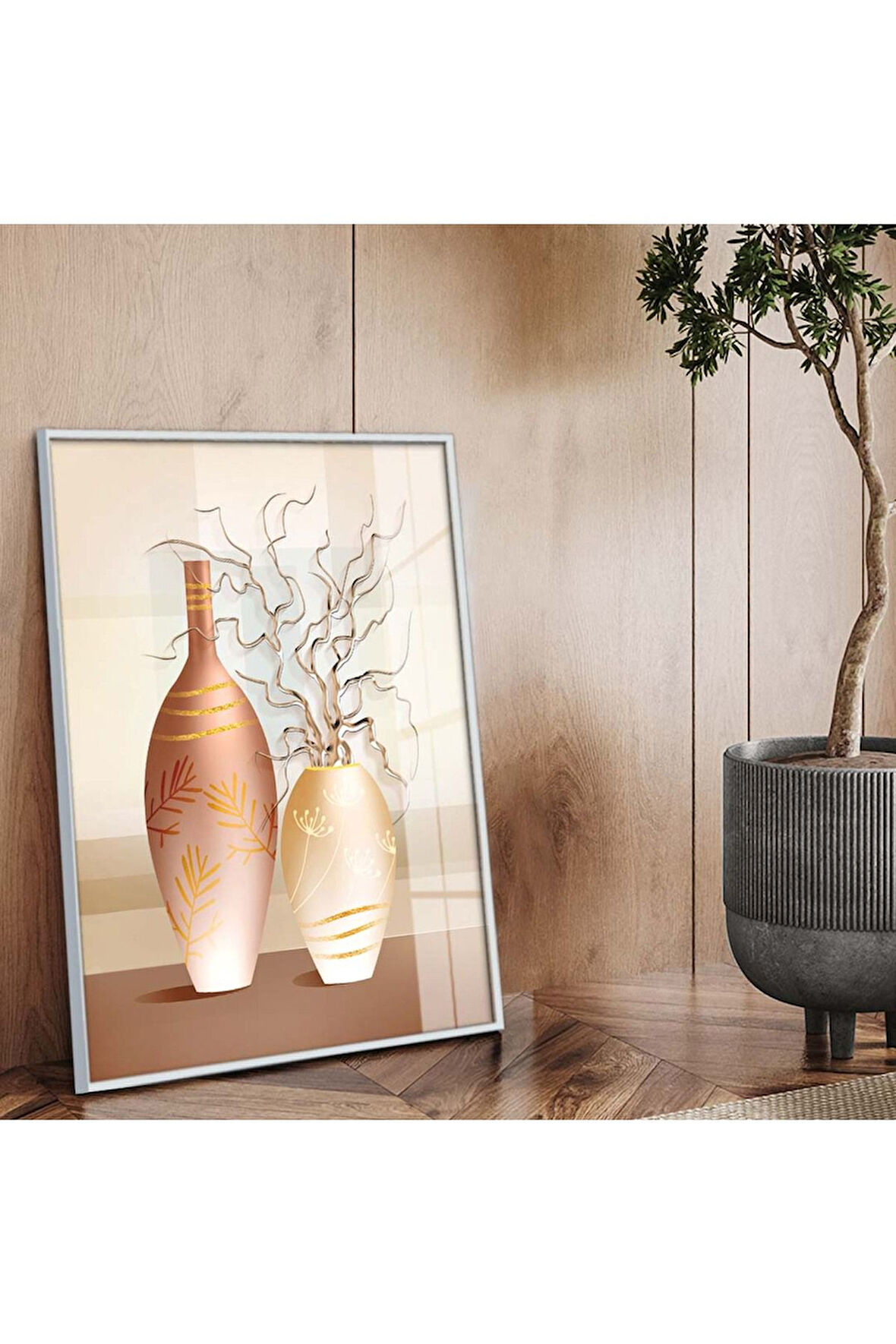 Gümüş Metal Çerçeveli Modern Çizim Vazo Tema Kırılmaz Cam Tablo