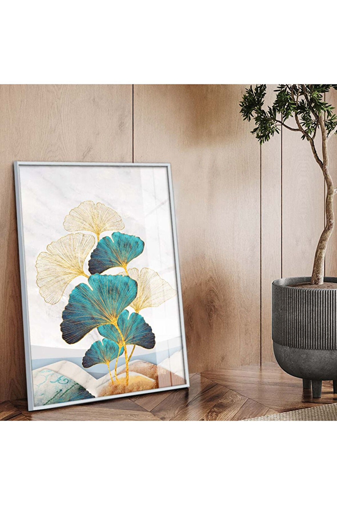 Gümüş Metal Çerçeveli Modern Çizim Çiçek Desen Kırılmaz Cam Tablo