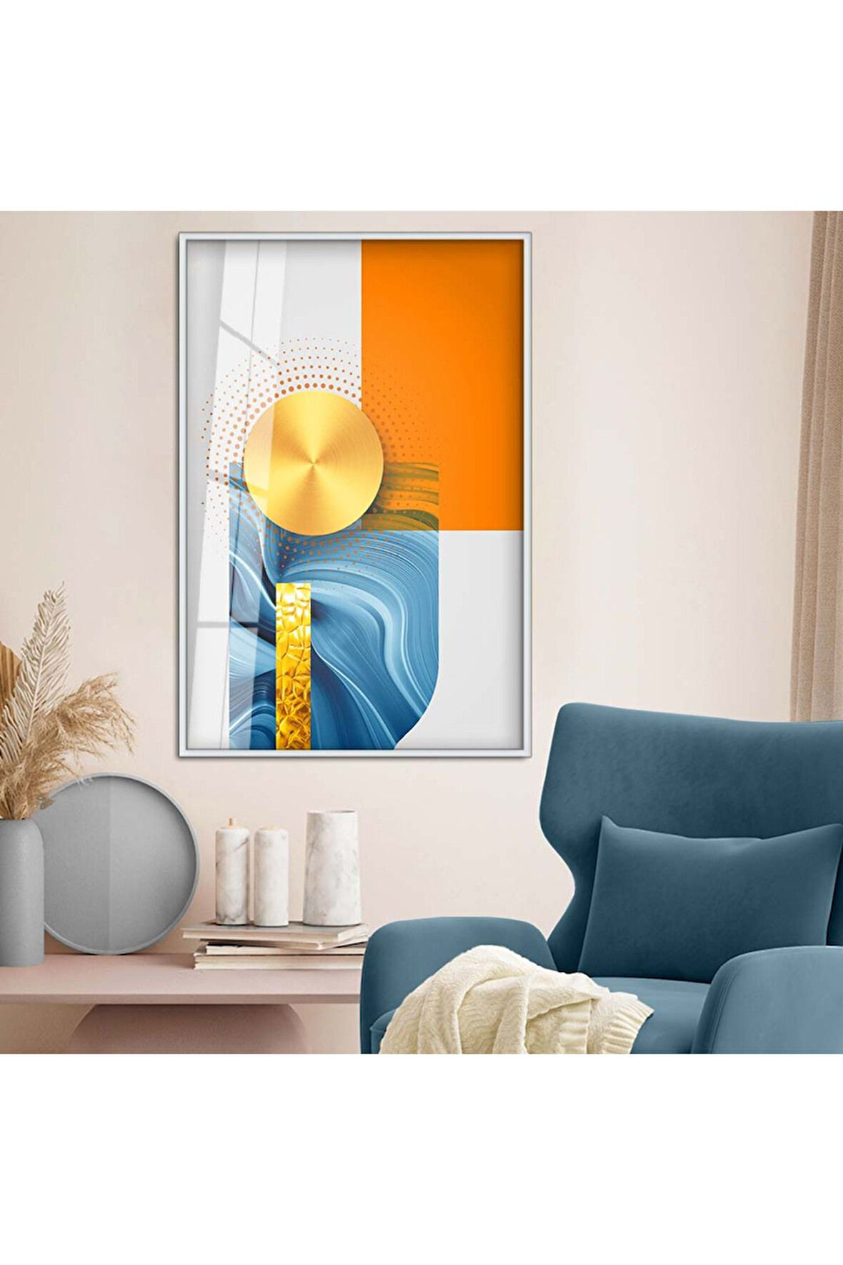 Gold Metal Çerçeveli Geometrik Çizim Soyut Tema Kırılmaz Cam Tablo