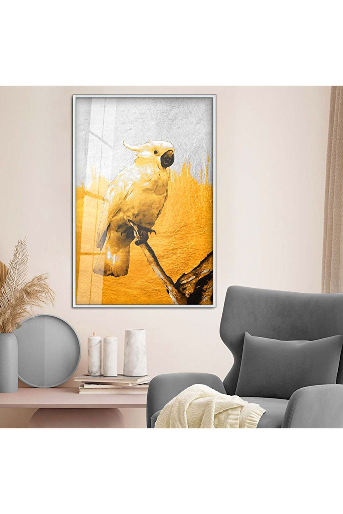 Gold Metal Çerçeveli Modern Çizim Papağan Figür Kırılmaz Cam Tablo