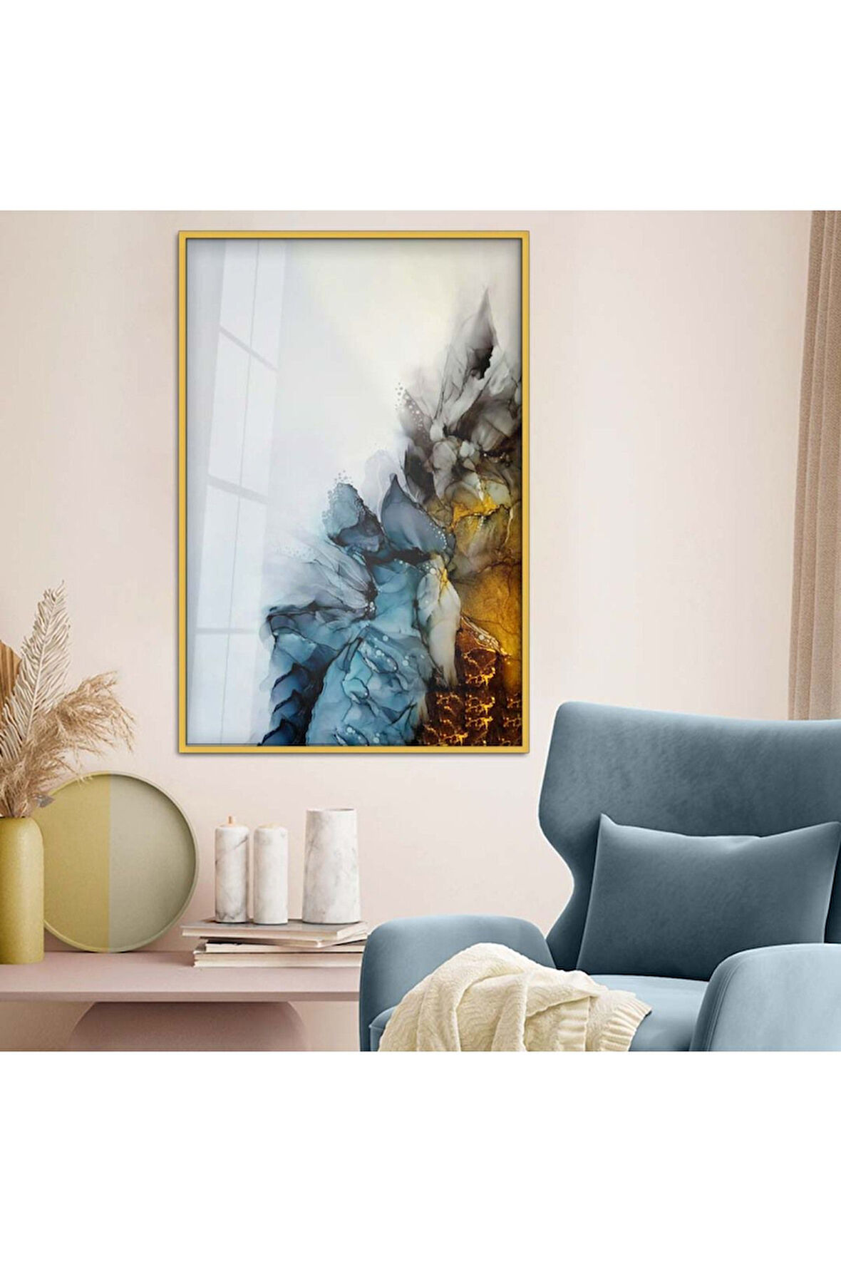 Gümüş Metal Çerçeveli Modern Çizim Soyut Tema Kırılmaz Cam Tablo