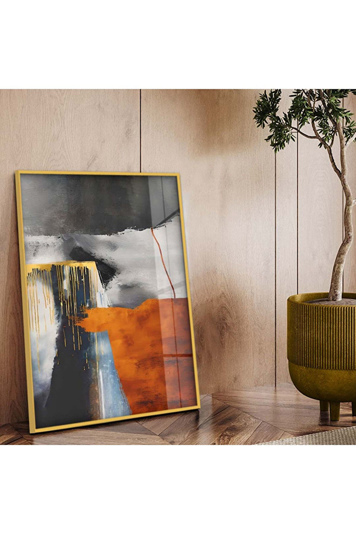 Gold Metal Çerçeveli Kolaj Çizim Kırılmaz Cam Tablo