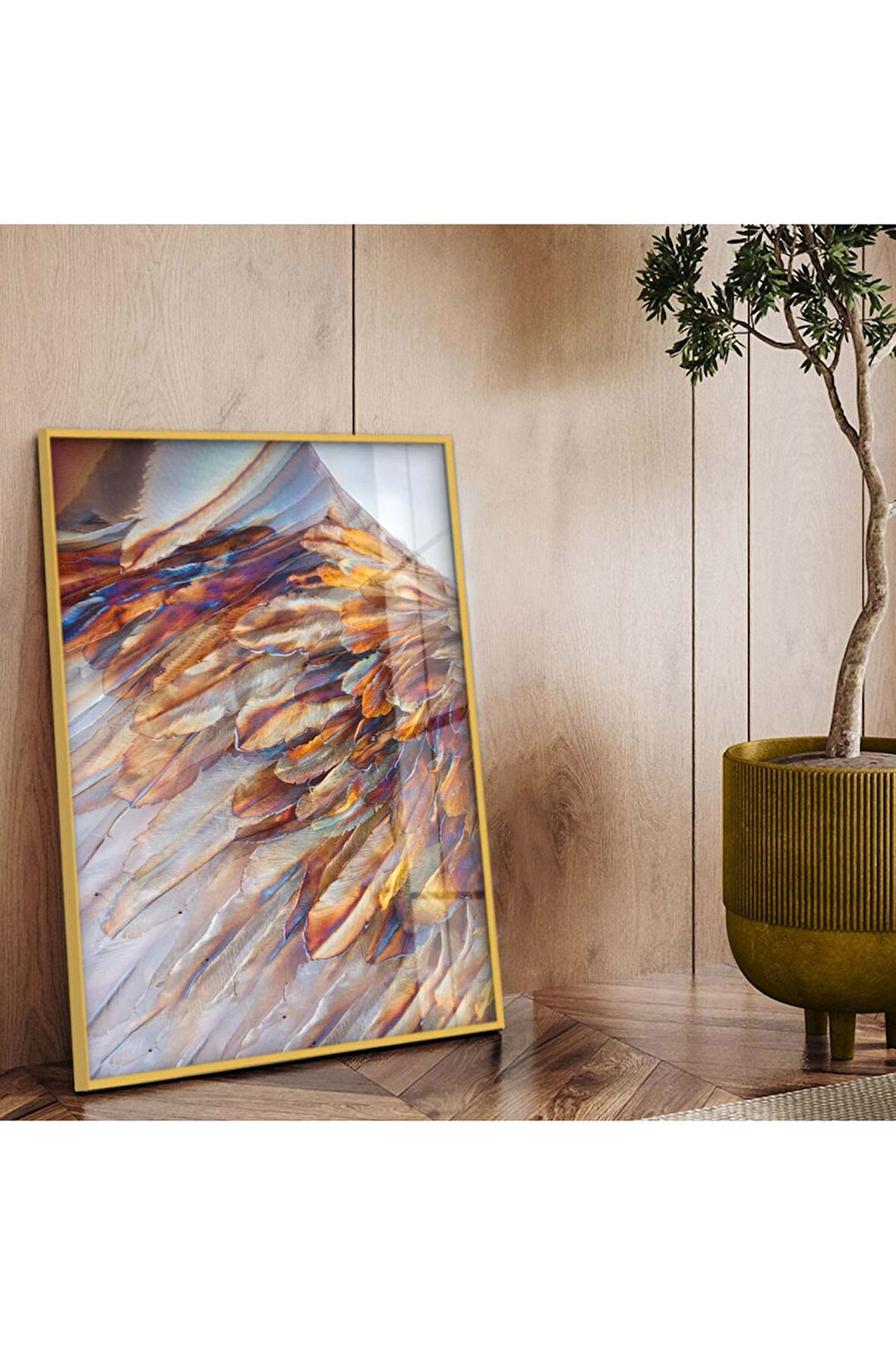 Gold Metal Çerçeveli Renkli Kuş Tüyü Kırılmaz Cam Tablo