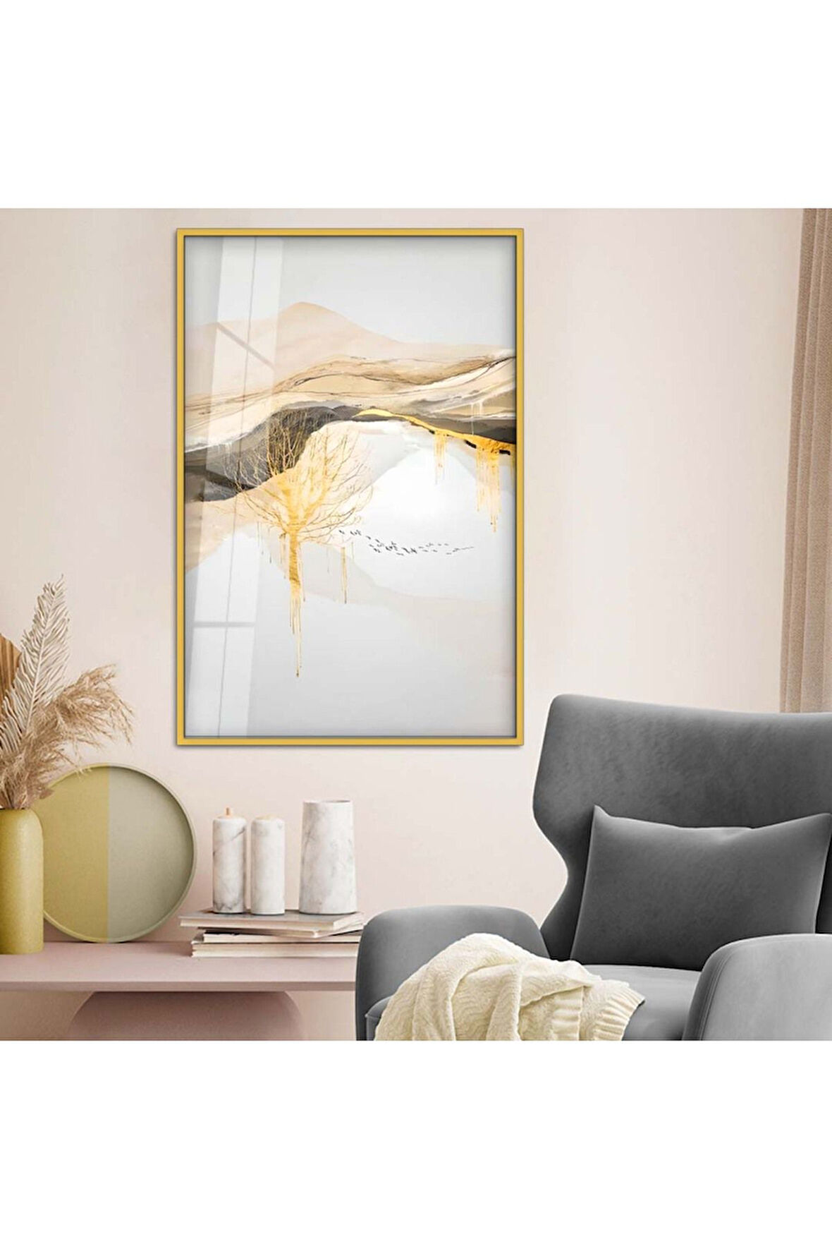 Gümüş Metal Çerçeveli Kolaj Çizim Soyut Tema Kırılmaz Cam Tablo