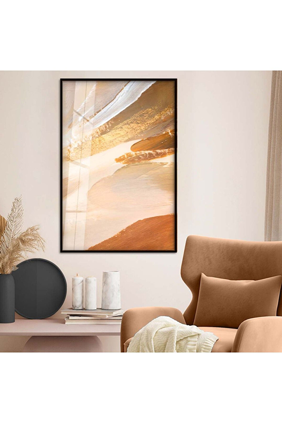 Gold Metal Çerçeveli Modern Çizim Soyut Tema Kırılmaz Cam Tablo