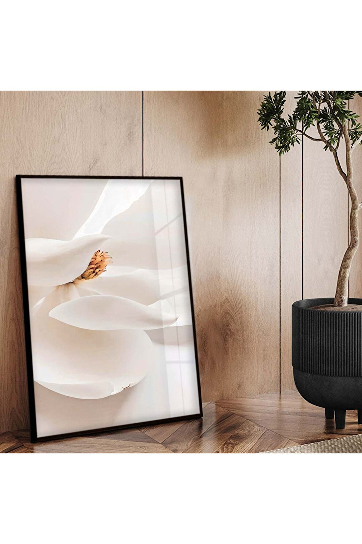 Siyah Metal Çerçeveli Beyaz Çiçek Kırılmaz Cam Tablo