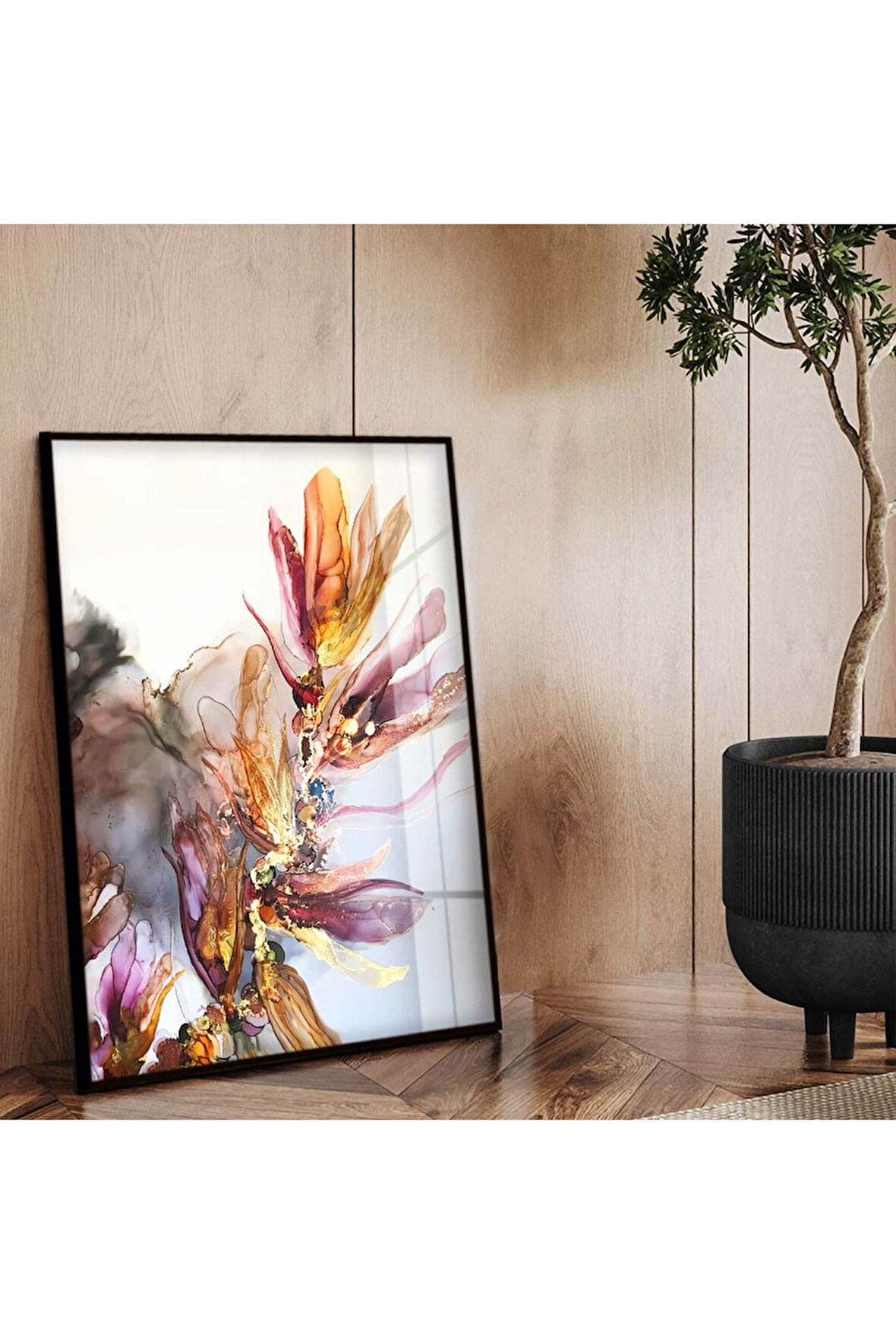 Siyah Metal Çerçeveli Renkli Çiçek Modern Çizim Kırılmaz Cam Tablo