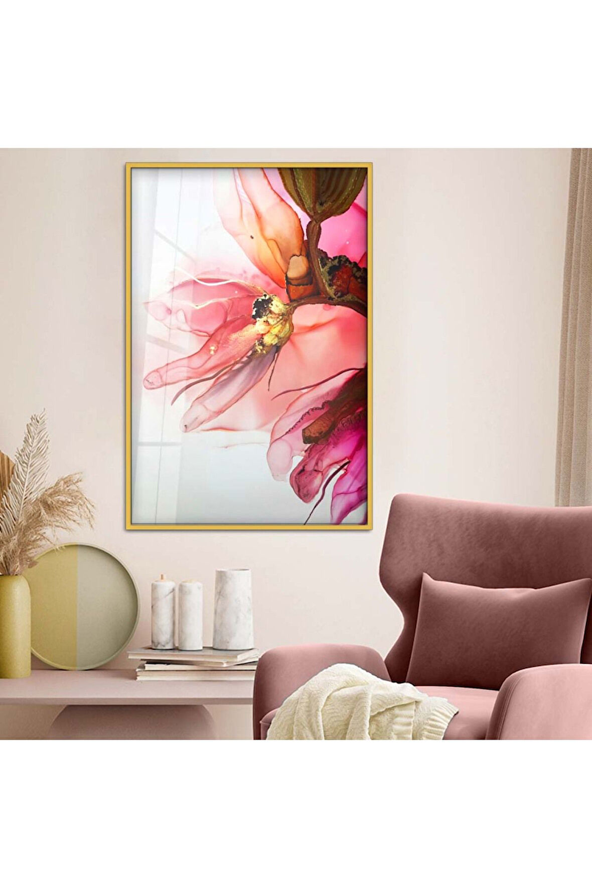 Gümüş Metal Çerçeveli Renkli Çiçek Modern Çizim Kırılmaz Cam Tablo