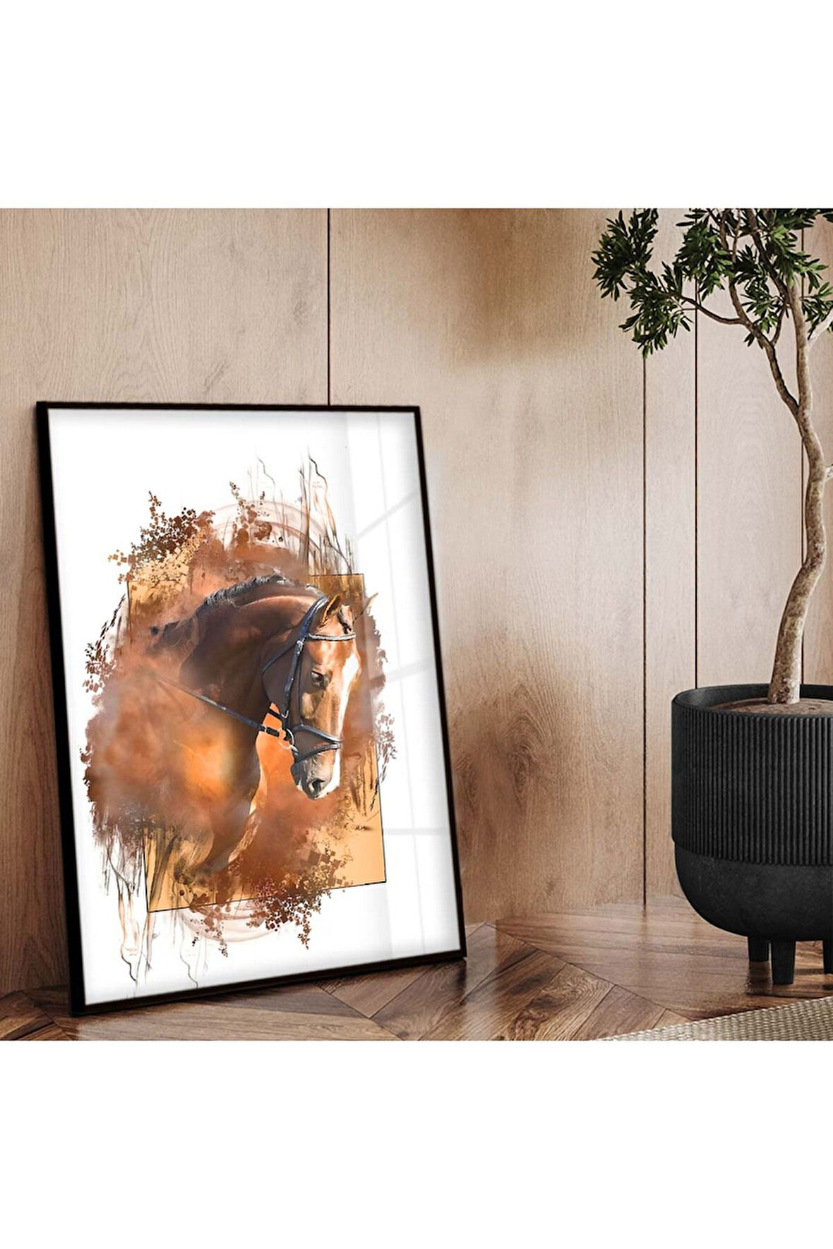 Siyah Metal Çerçeveli At Figür Modern Çizim Kırılmaz Cam Tablo