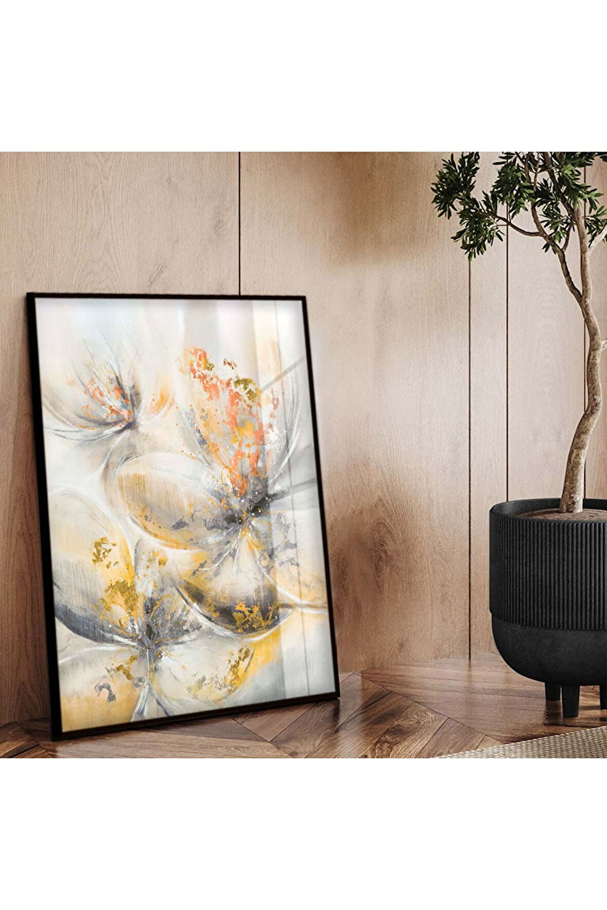 Siyah Metal Çerçeveli Modern Çizim Çiçek Desen Kırılmaz Cam Tablo