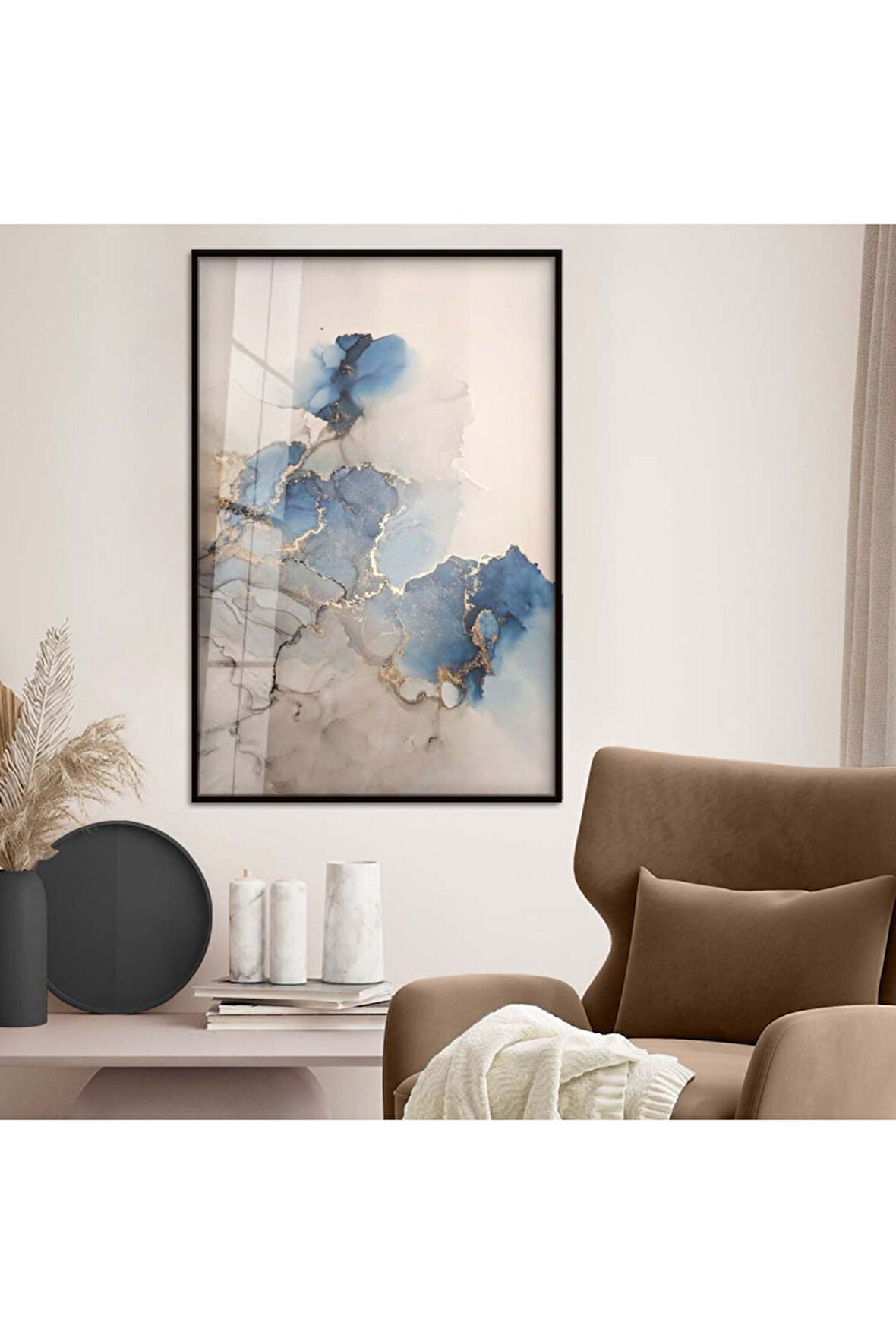 Gümüş Metal Çerçeveli Modern Çizim Soyut Tema Kırılmaz Cam Tablo