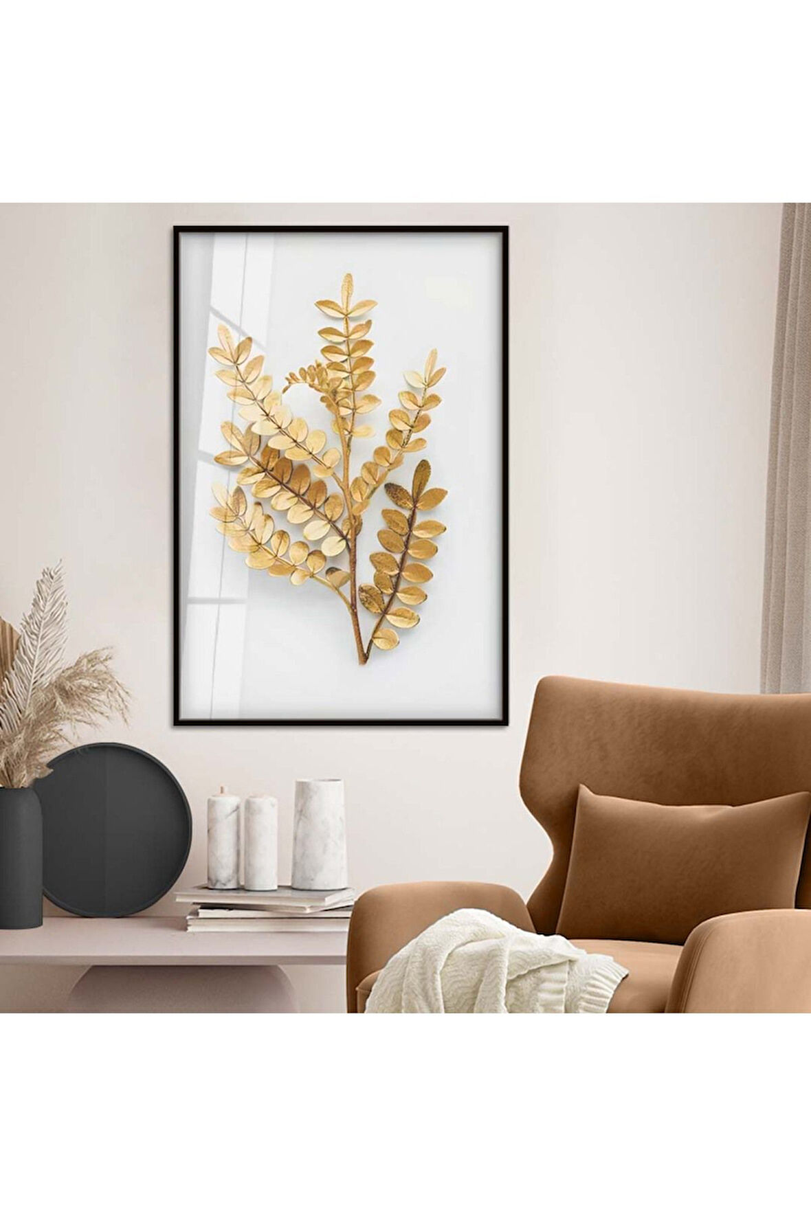 Gold Metal Çerçeveli Yaprak Desen Kırılmaz Cam Tablo