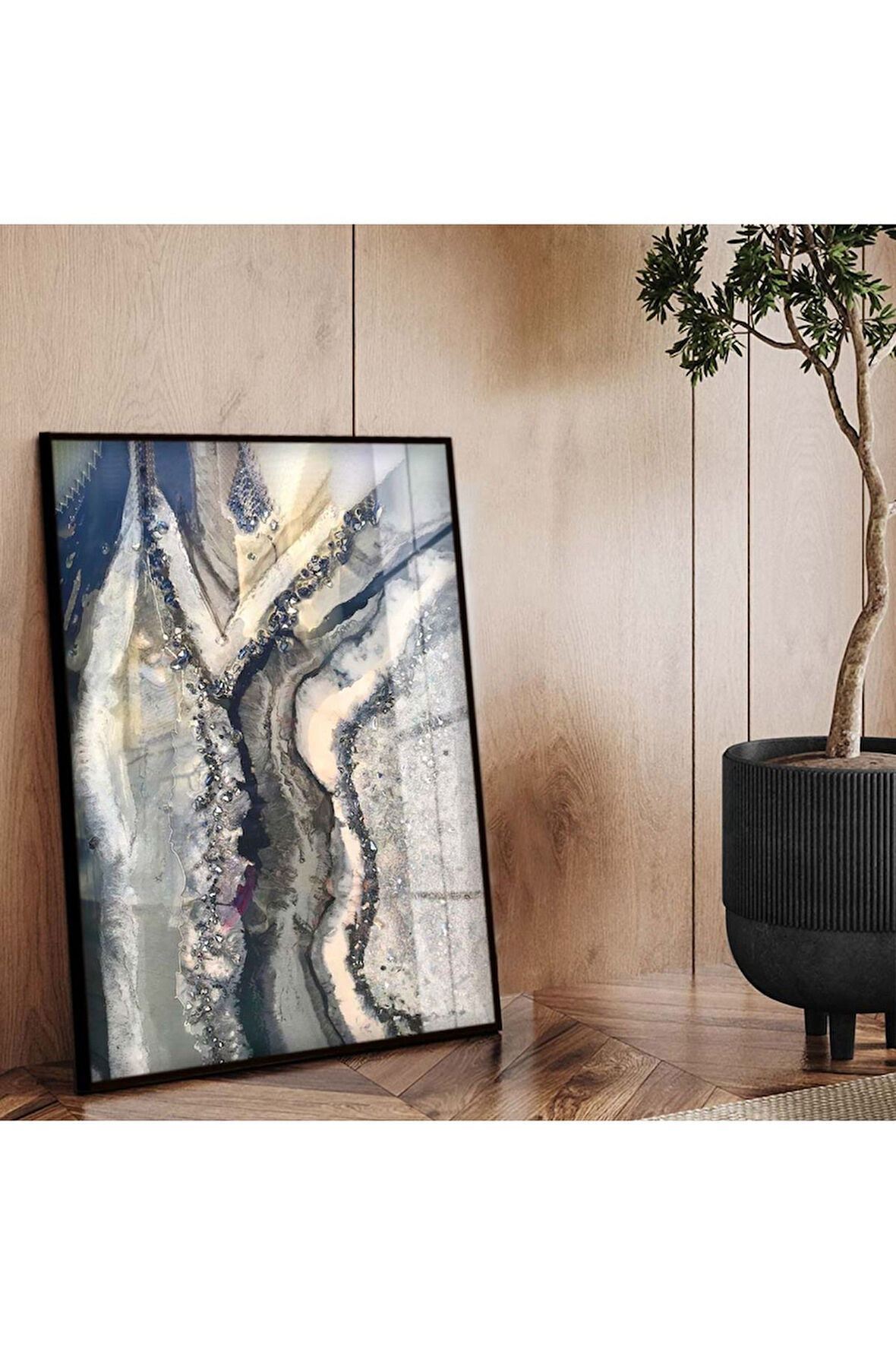 Siyah Metal Çerçeveli Soyut Tema Modern Çizim Kırılmaz Cam Tablo