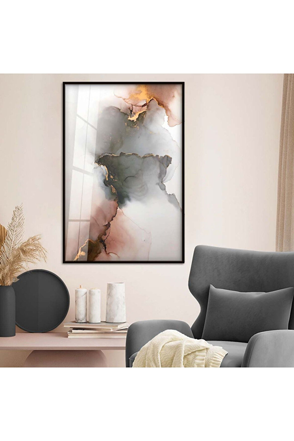 Gold Metal Çerçeveli Soyut Tema Modern Çizim Kırılmaz Cam Tablo