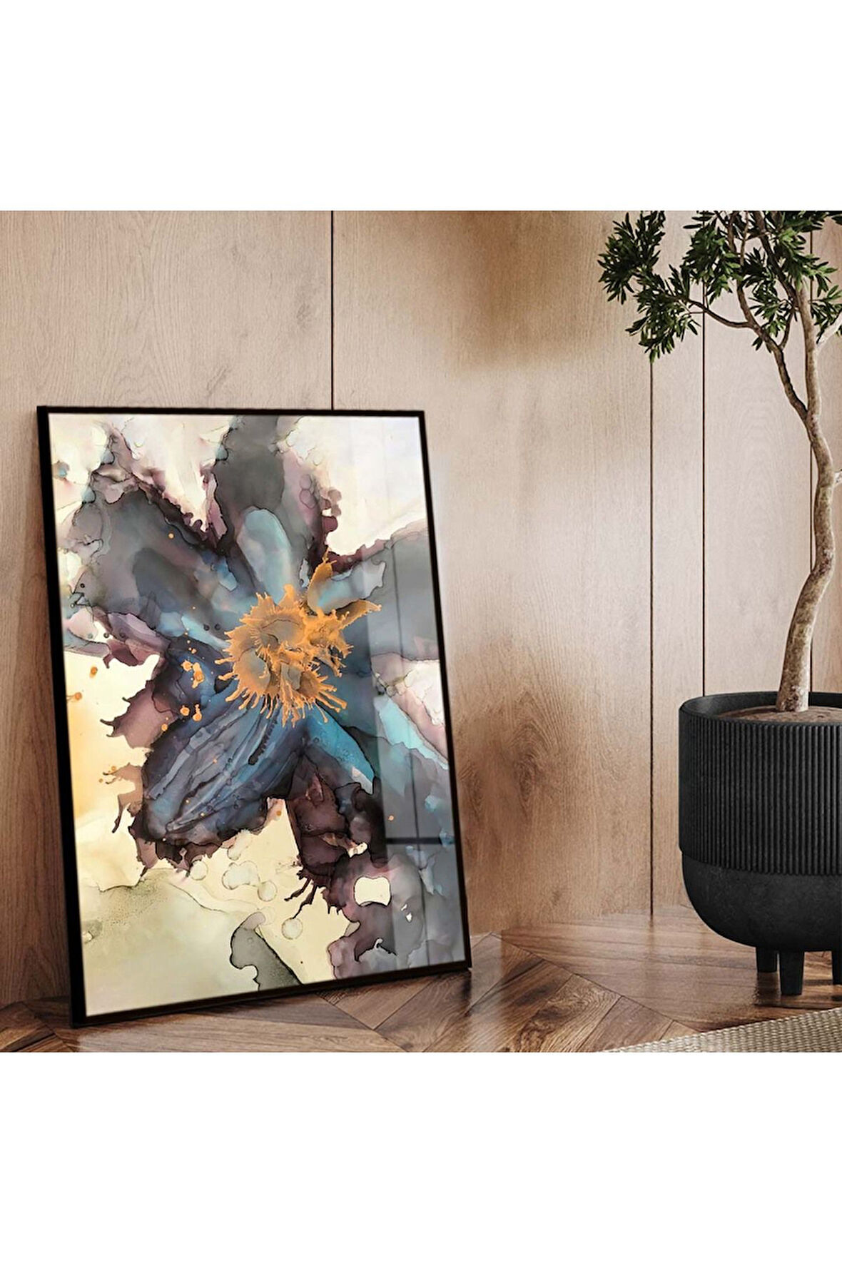 Siyah Metal Çerçeveli Soyut Tema Modern Çizim Kırılmaz Cam Tablo