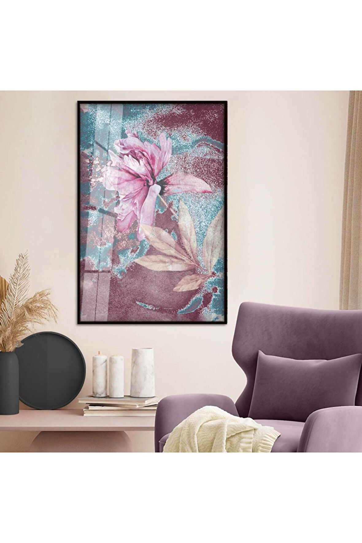 Gümüş Metal Çerçeveli Çiçek Desen Modern Çizim Kırılmaz Cam Tablo