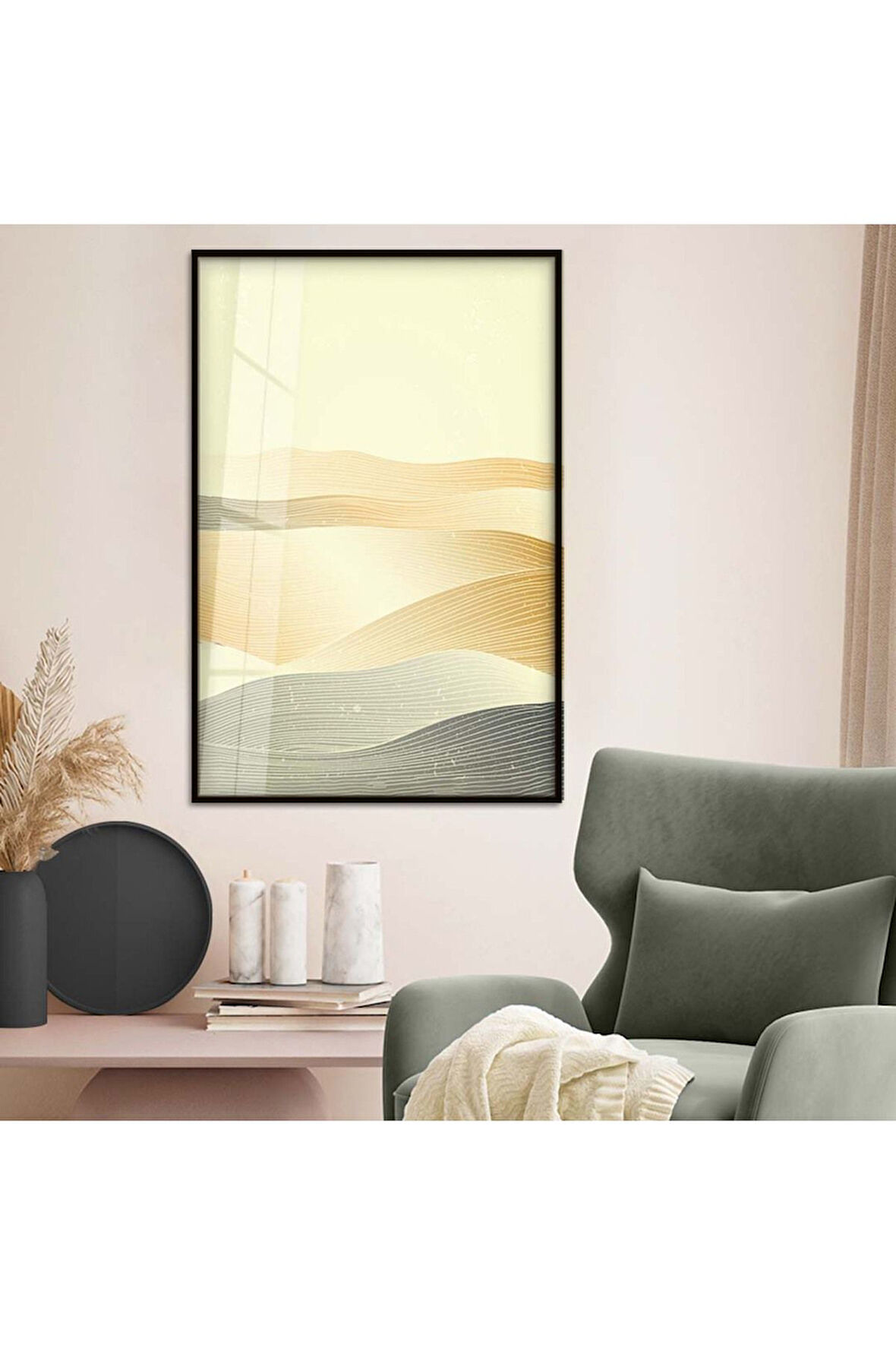 Gümüş Metal Çerçeveli Kolaj Çizim Soyut Tema Kırılmaz Cam Tablo