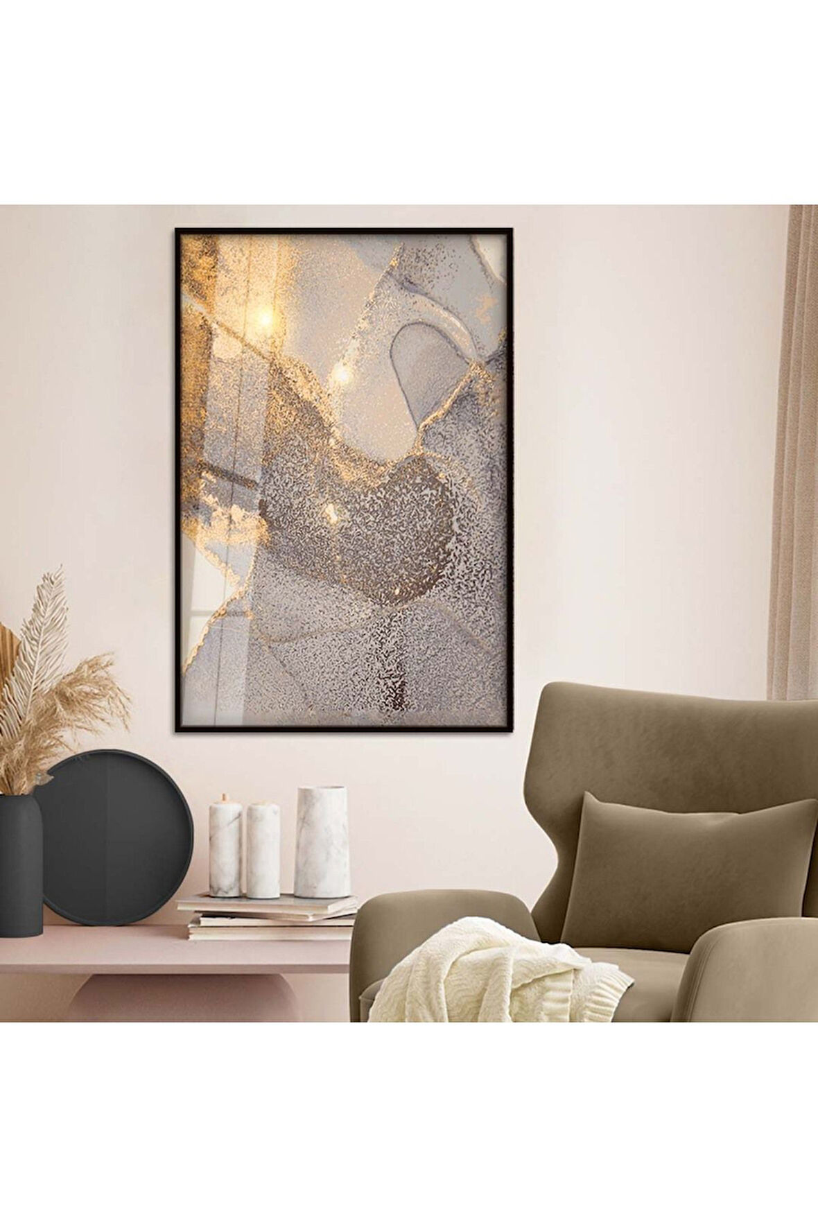 Gümüş Metal Çerçeveli Soyut Tema Modern Çizim Kırılmaz Cam Tablo
