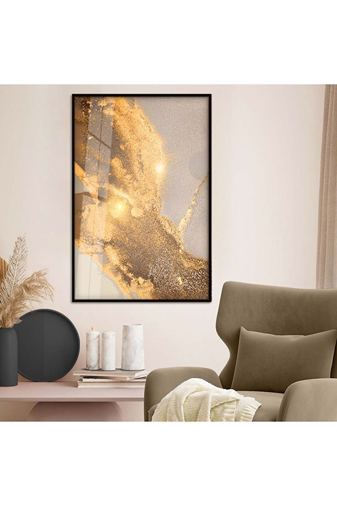 Gold Metal Çerçeveli Soyut Tema Modern Çizim Kırılmaz Cam Tablo