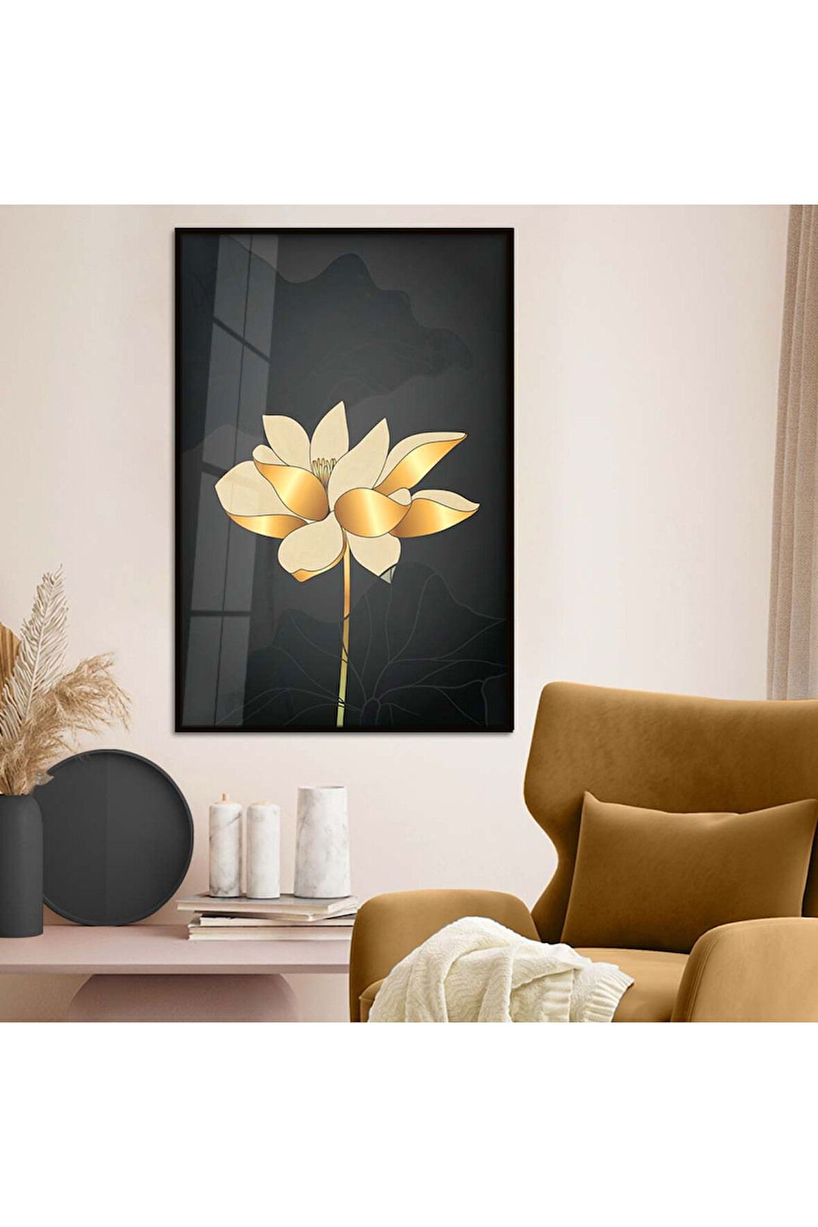 Gümüş Metal Çerçeveli Kolaj Çizim Çiçek Desen Kırılmaz Cam Tablo