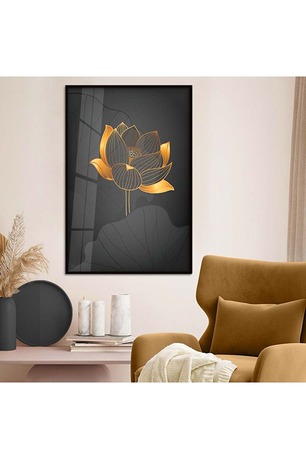 Gold Metal Çerçeveli Kolaj Çizim Çiçek Desen Kırılmaz Cam Tablo