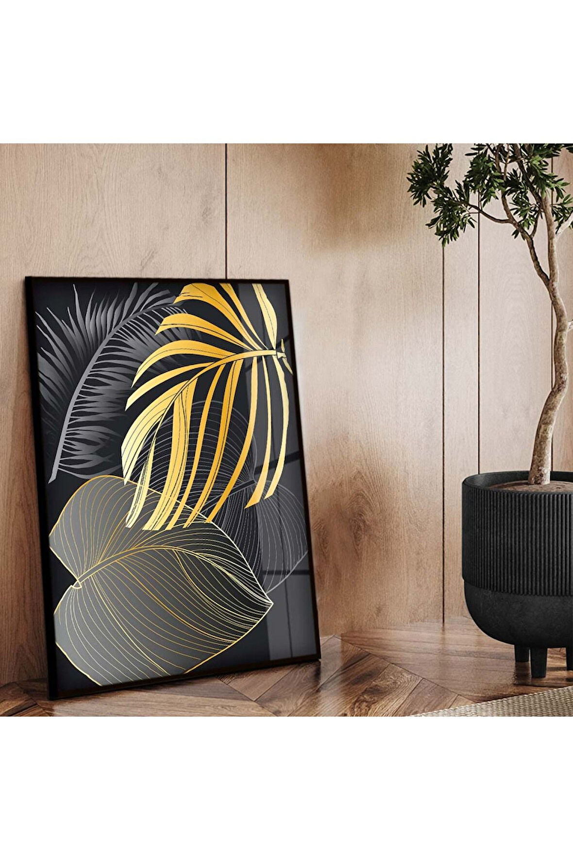 Siyah Metal Çerçeveli Kolaj Çizim Yaprak Desen Kırılmaz Cam Tablo