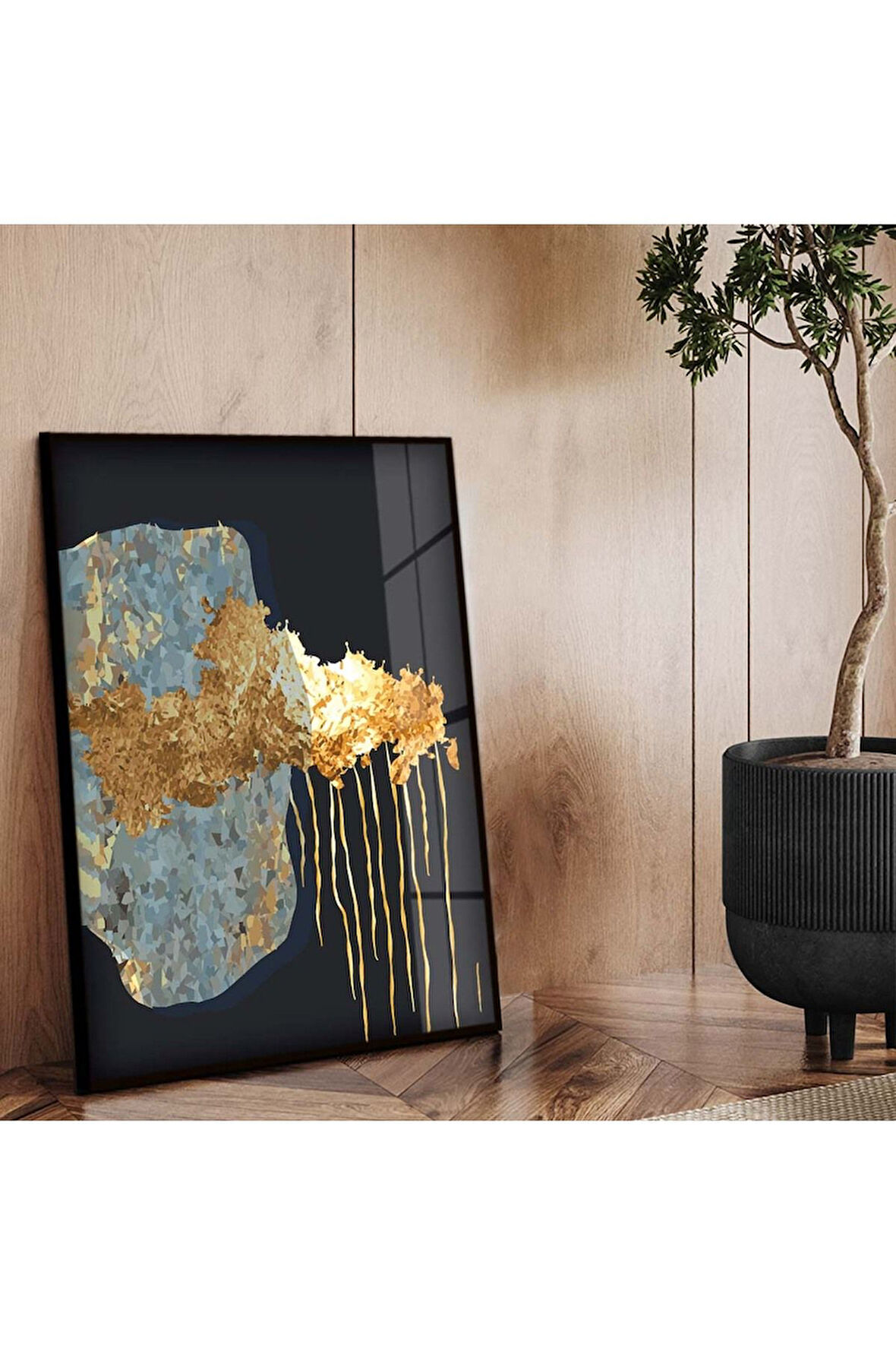 Siyah Metal Çerçeveli Kolaj Çizim Soyut Tema Kırılmaz Cam Tablo