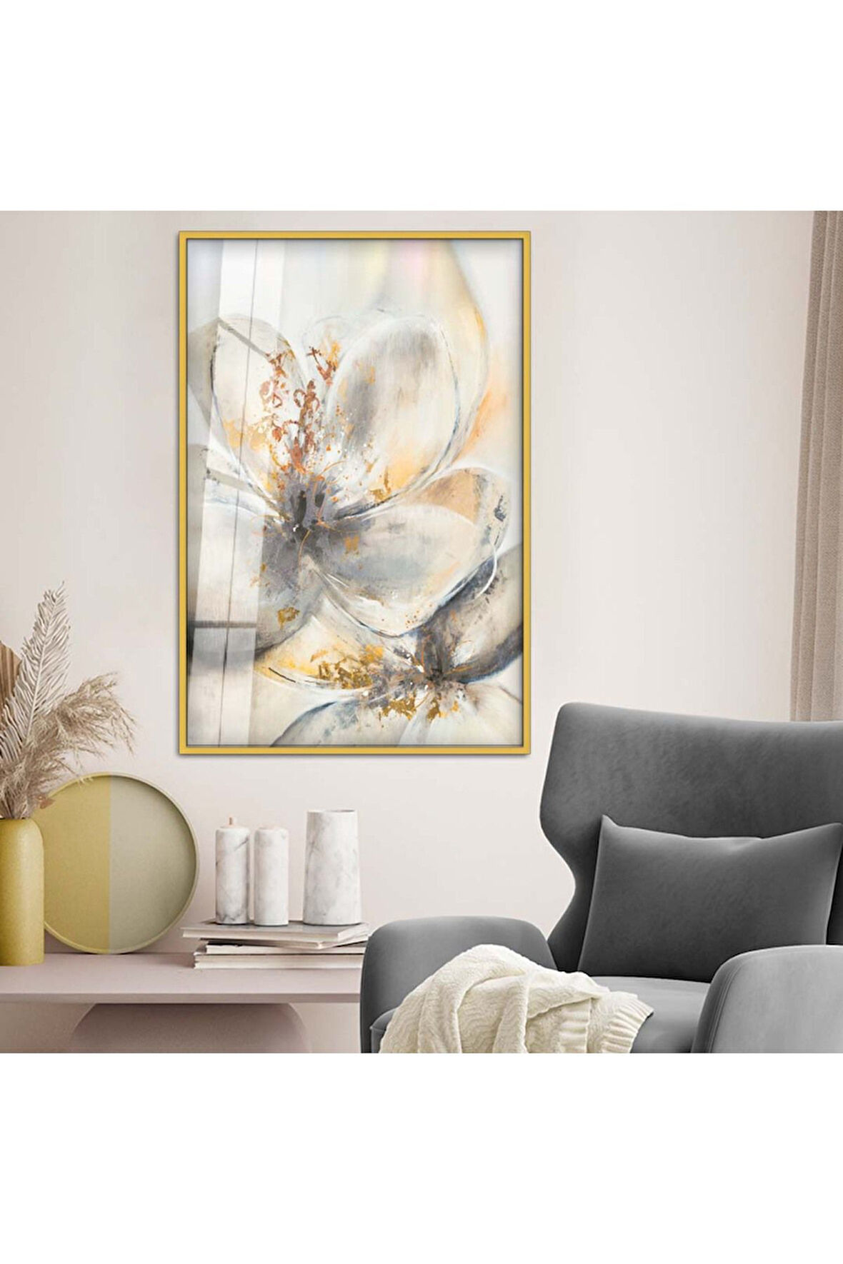 Gümüş Metal Çerçeveli Modern Çizim Çiçek Desen Kırılmaz Cam Tablo