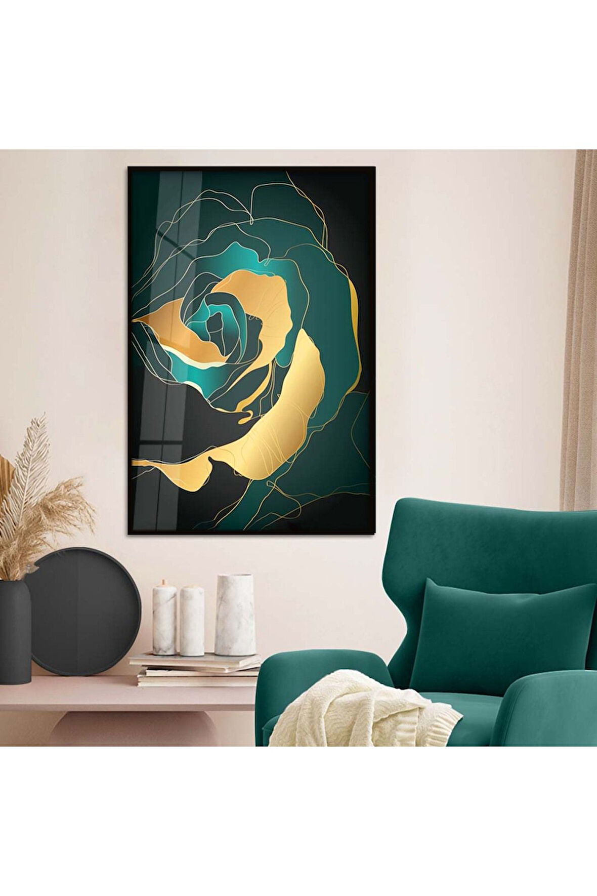 Gümüş Metal Çerçeveli Kolaj Çizim Çiçek Kırılmaz Cam Tablo