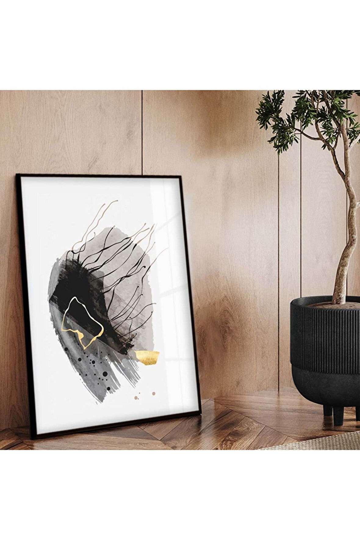 Siyah Metal Çerçeveli Soyut Tema Modern Çizim Kırılmaz Cam Tablo