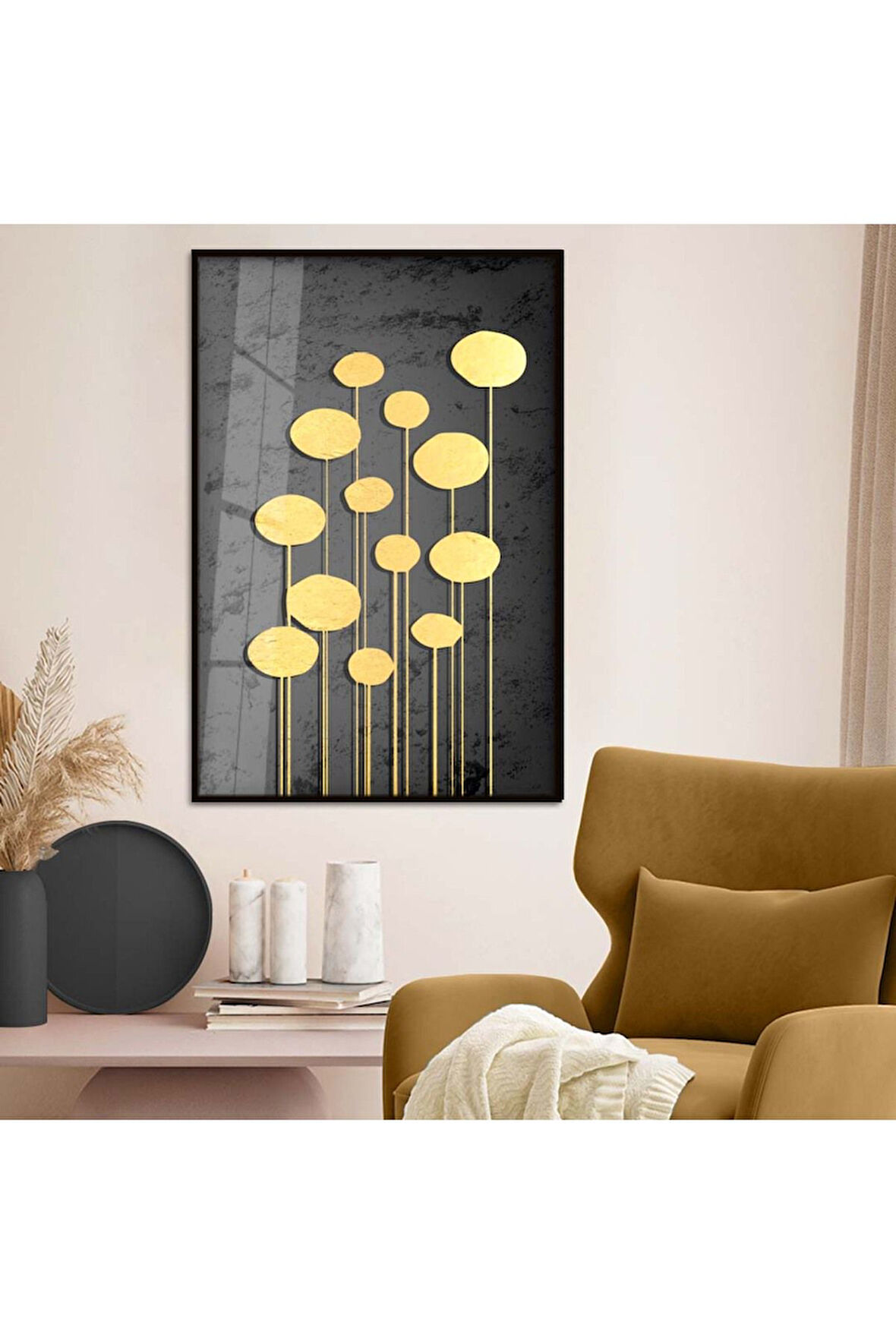 Gümüş Metal Çerçeveli Gold Tema Kolaj Çizim Kırılmaz Cam Tablo