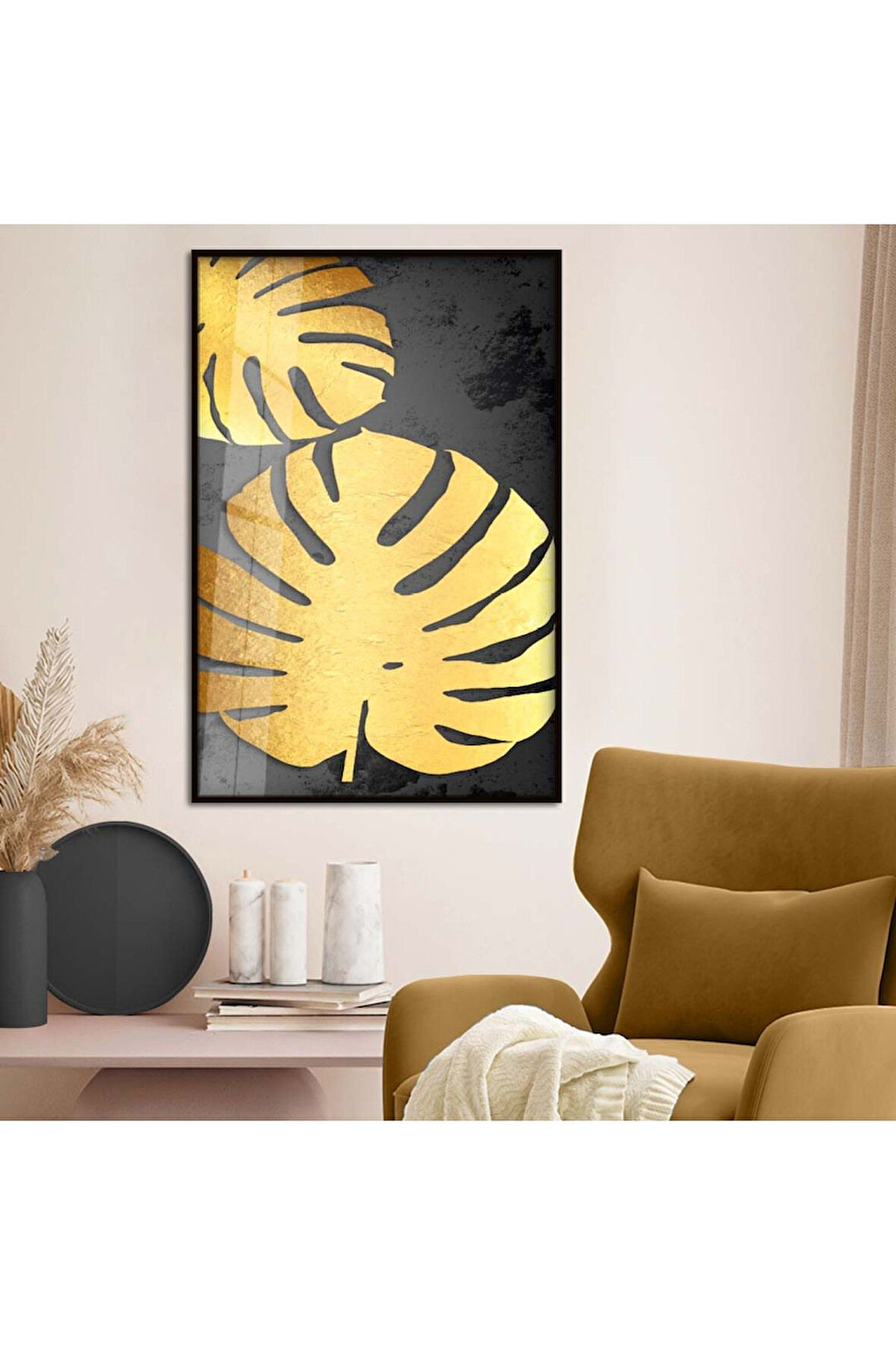 Gold Metal Çerçeveli Gold Tema Kolaj Çizim Kırılmaz Cam Tablo