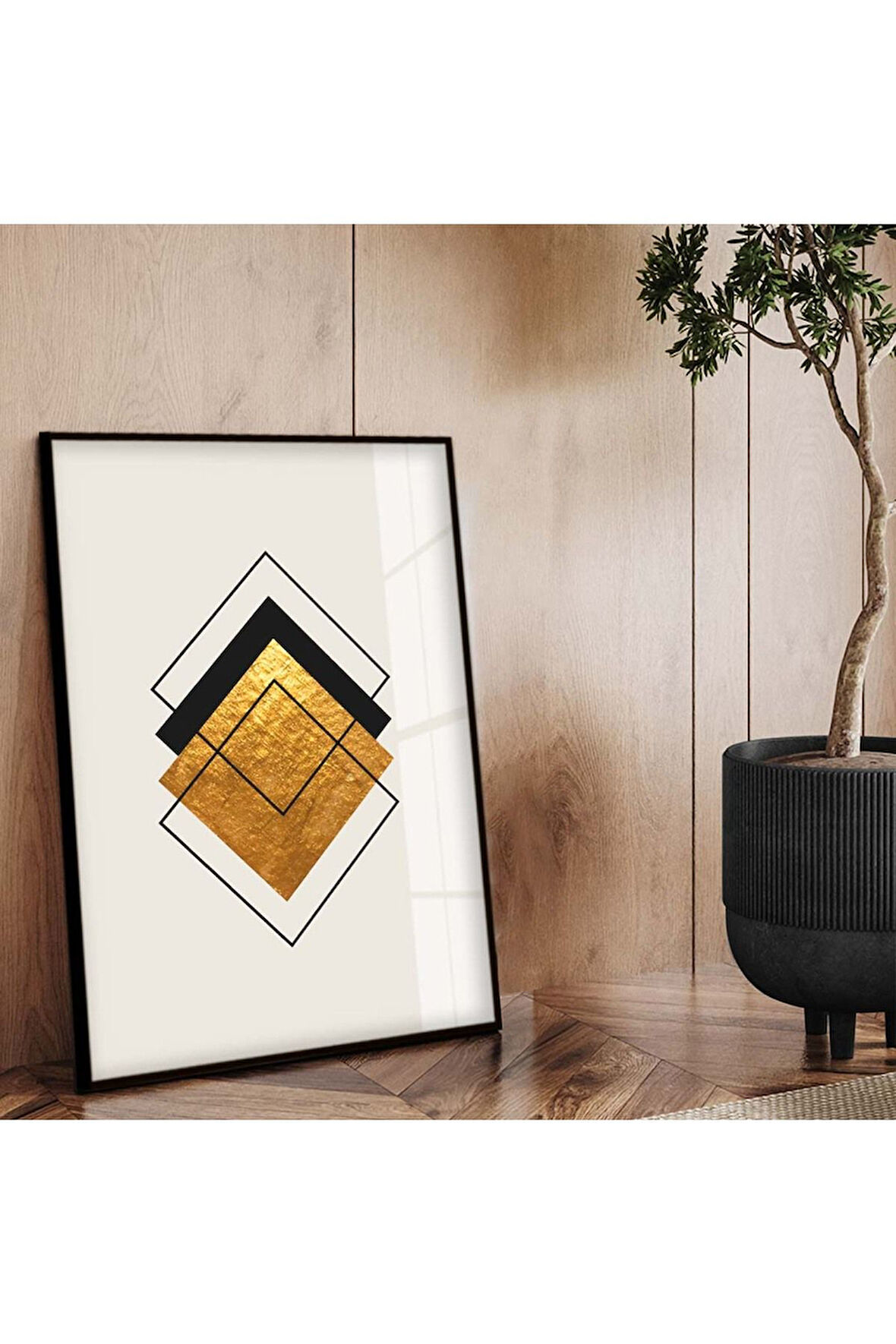 Siyah Metal Çerçeveli Geometrik Çizim Soyut Tema Çizim Kırılmaz Cam Tablo